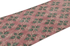 Vintage Distressed Runner Rug, Mauve and Green Floral Geometric Pattern