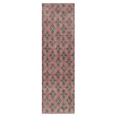 Vintage Distressed Runner Rug, Mauve and Green Floral Geometric Pattern