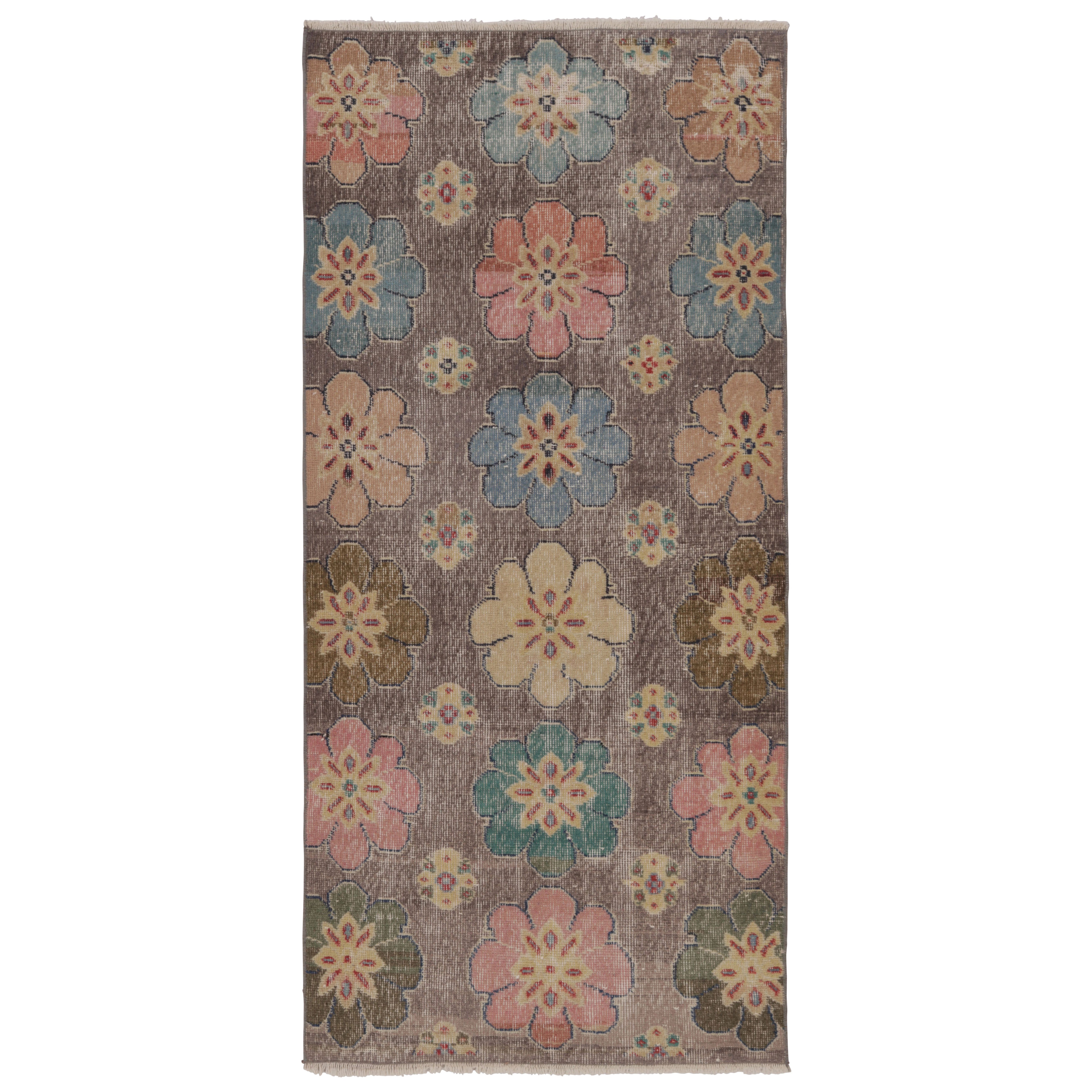 Vintage Distressed Runner Rug, Pastel Florals on Earthy Ground - Rug 
Kilim For Sale