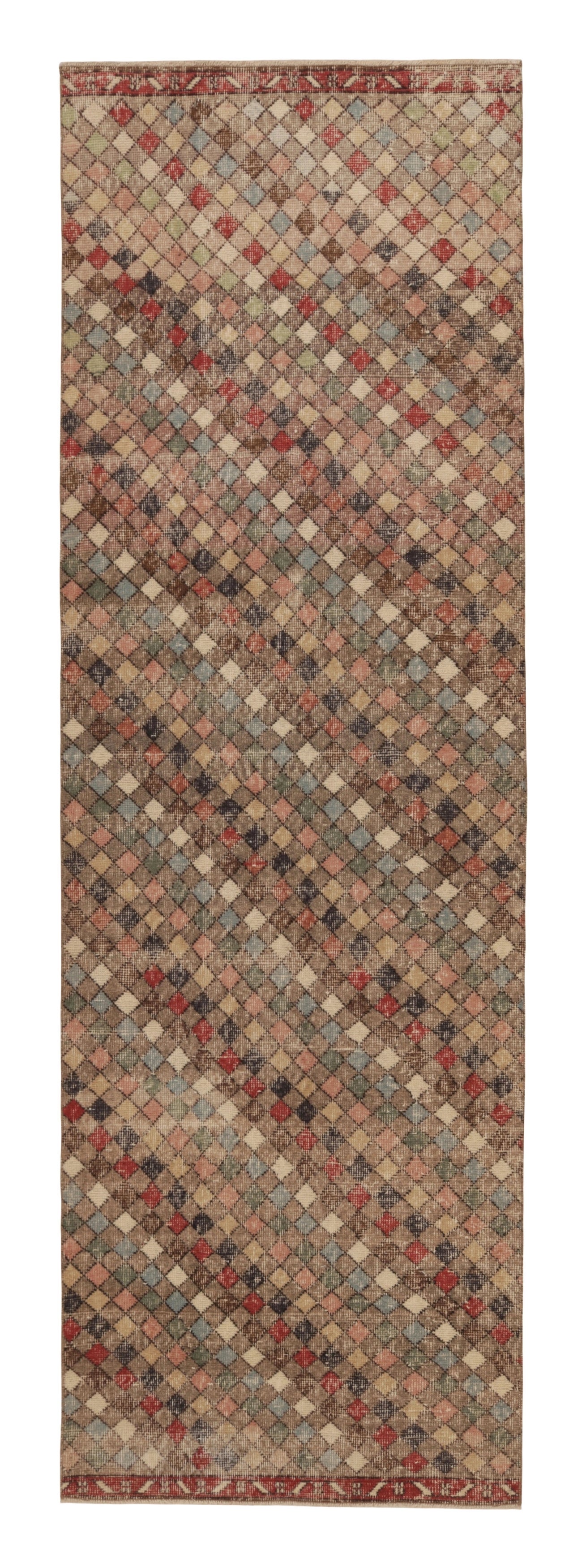 Vintage Distressed Runner Rug, Polychromatic Diamond Pattern - Rug & Kilim