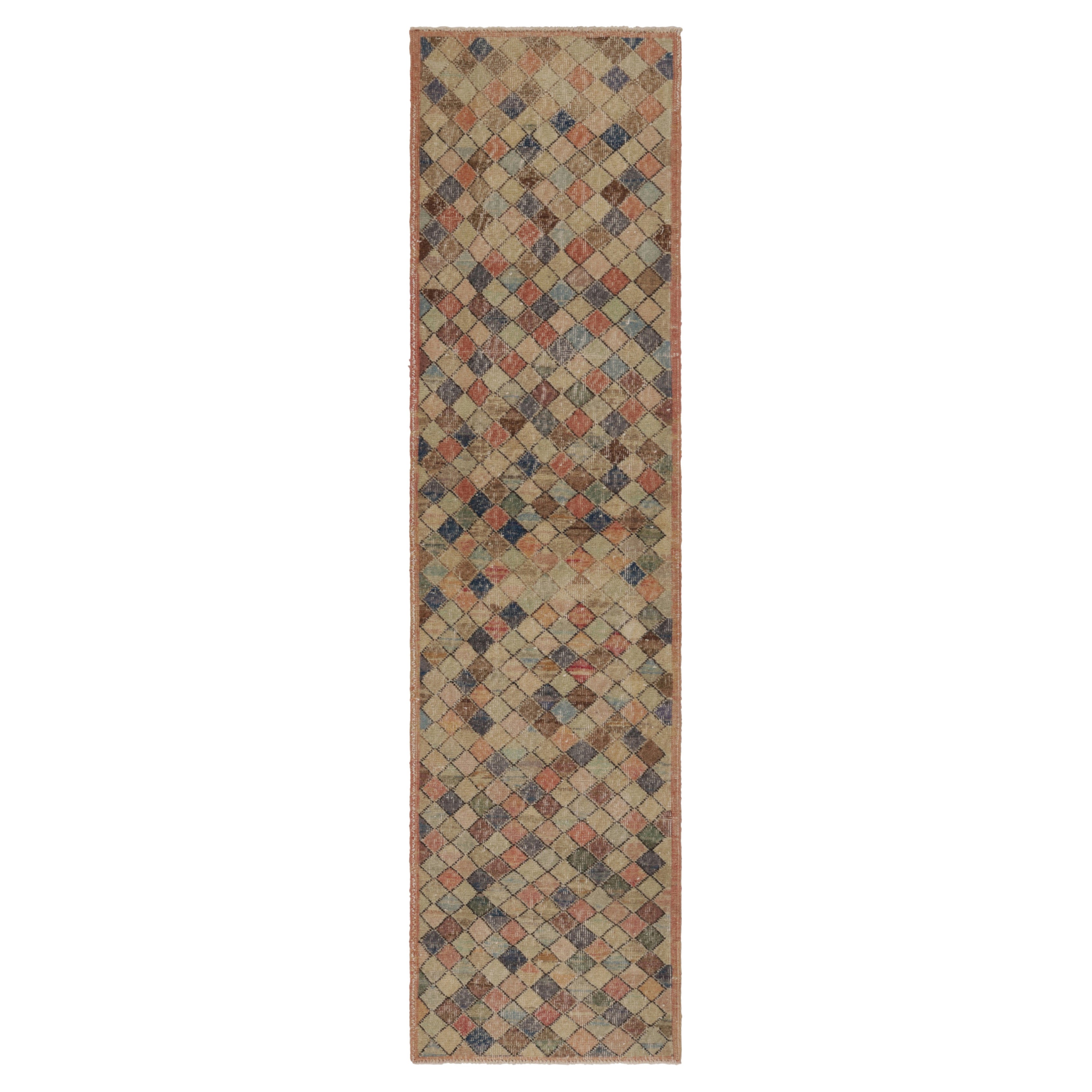 Vintage Distressed Runner Rug, Polychromatic Geometric Design - Rug & Kilim
