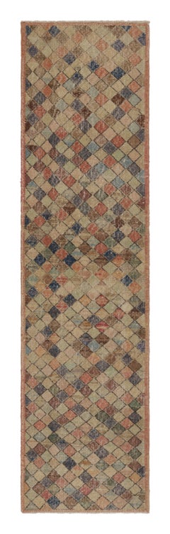 Vintage Distressed Runner Rug, Polychromatic Geometric Design - Rug & Kilim