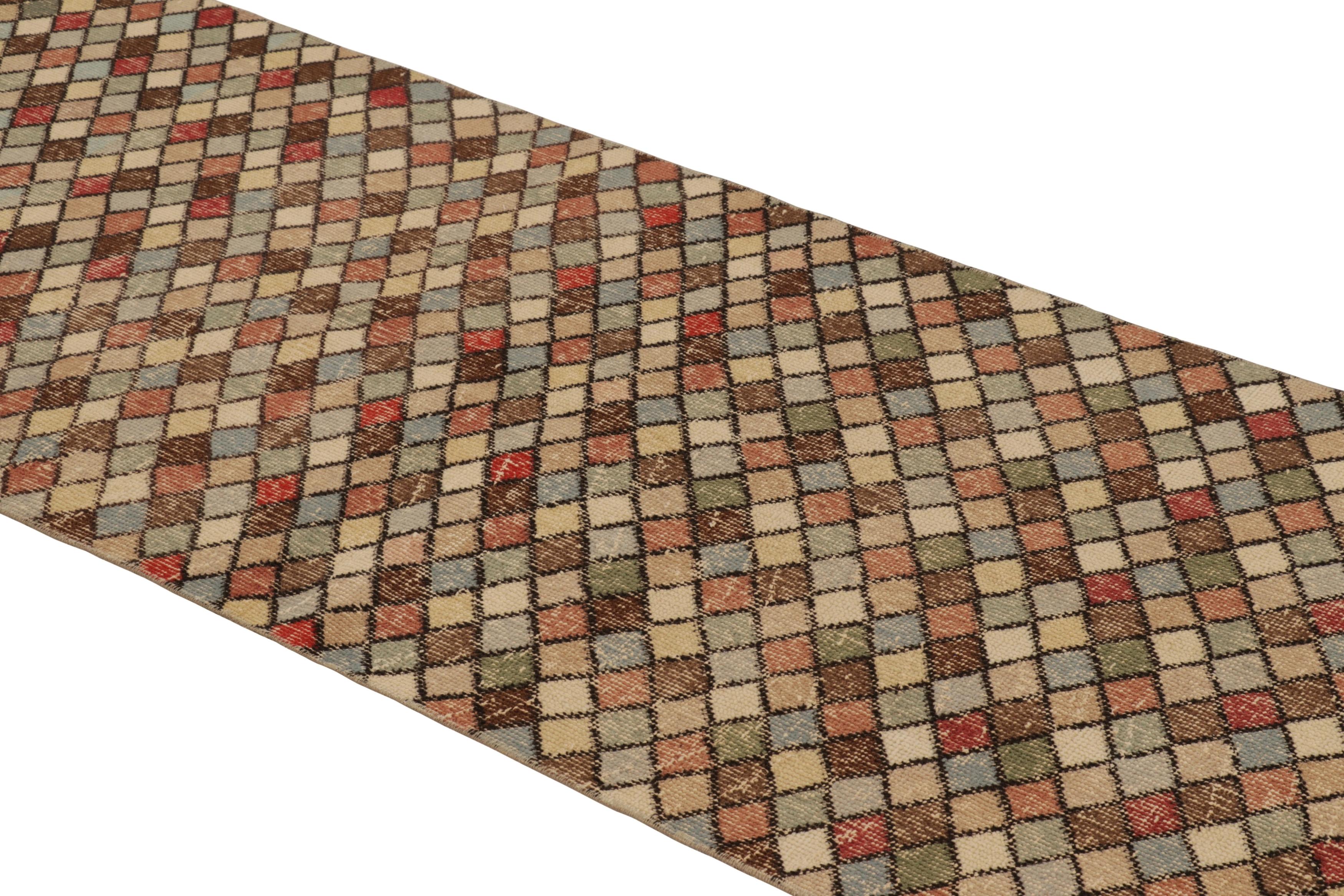 Vintage Distressed Runner Rug, Polychromatic Geometric Pattern - Rug & Kilim im Angebot 1