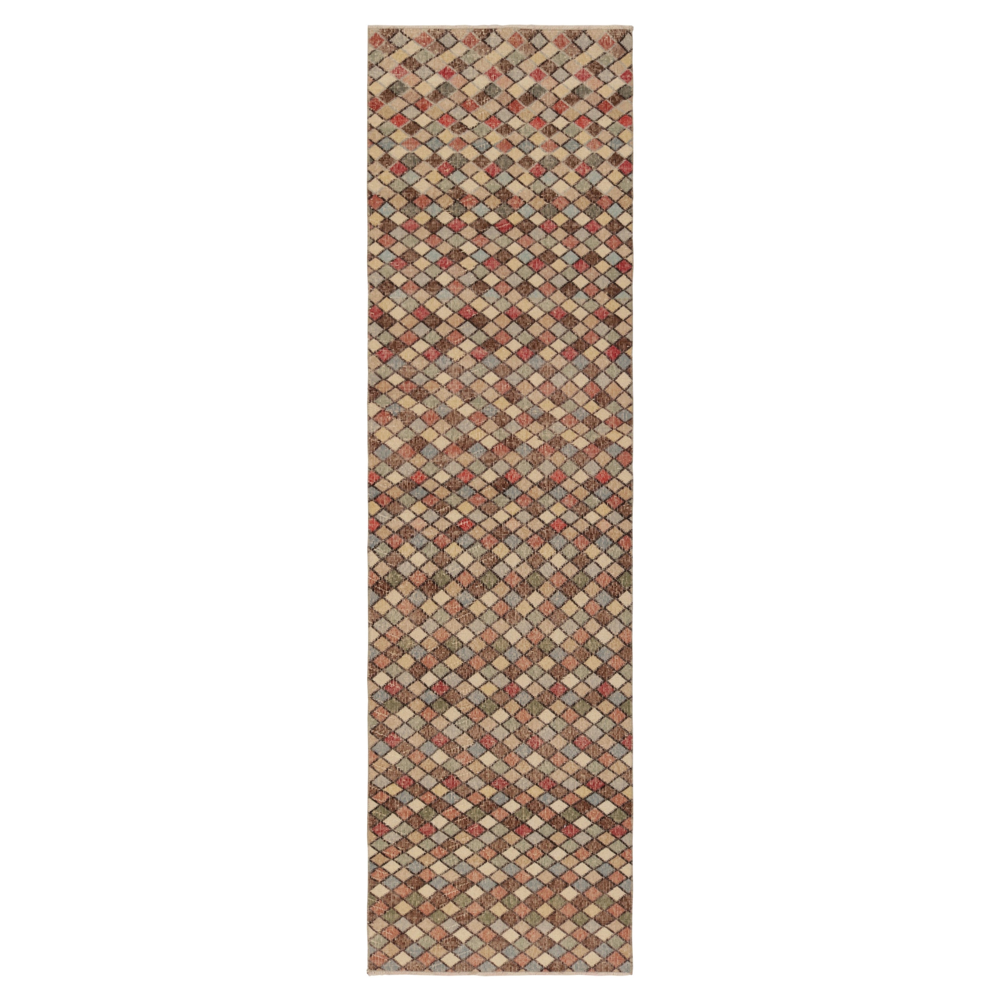 Vintage Distressed Runner Rug, Polychromatic Geometric Pattern - Rug & Kilim