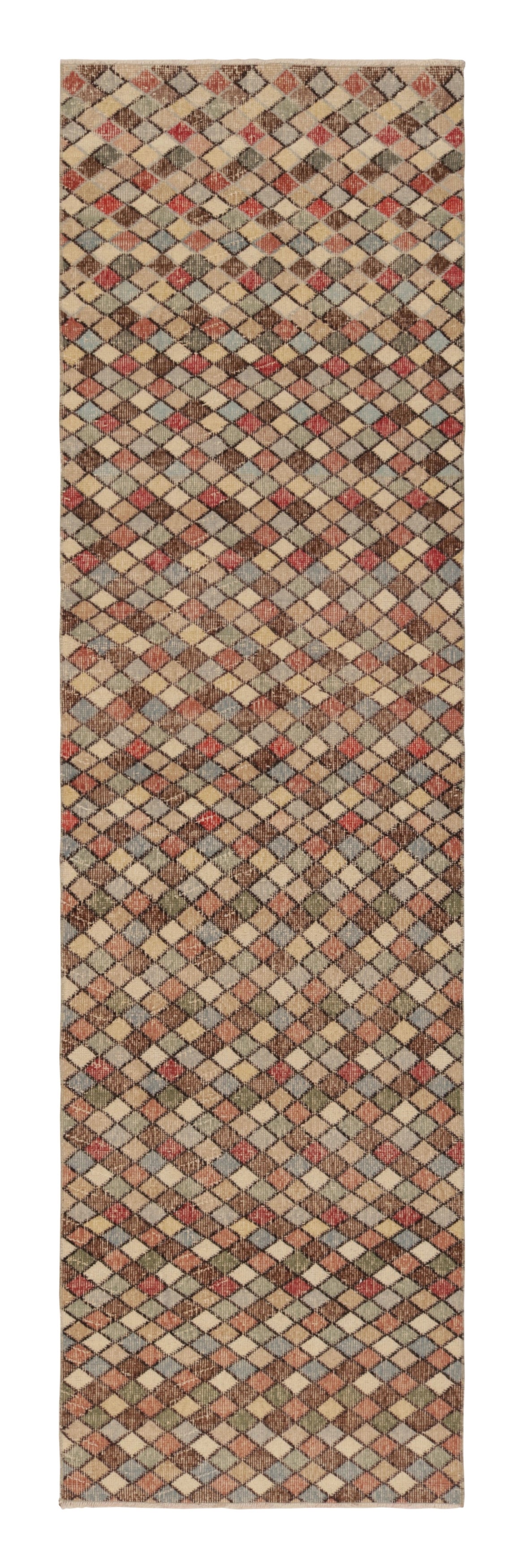 Vintage Distressed Runner Rug, Polychromatic Geometric Pattern - Rug & Kilim