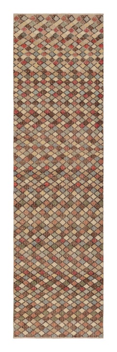 Vintage Distressed Runner Rug, Polychromatic Geometric Pattern - Rug & Kilim