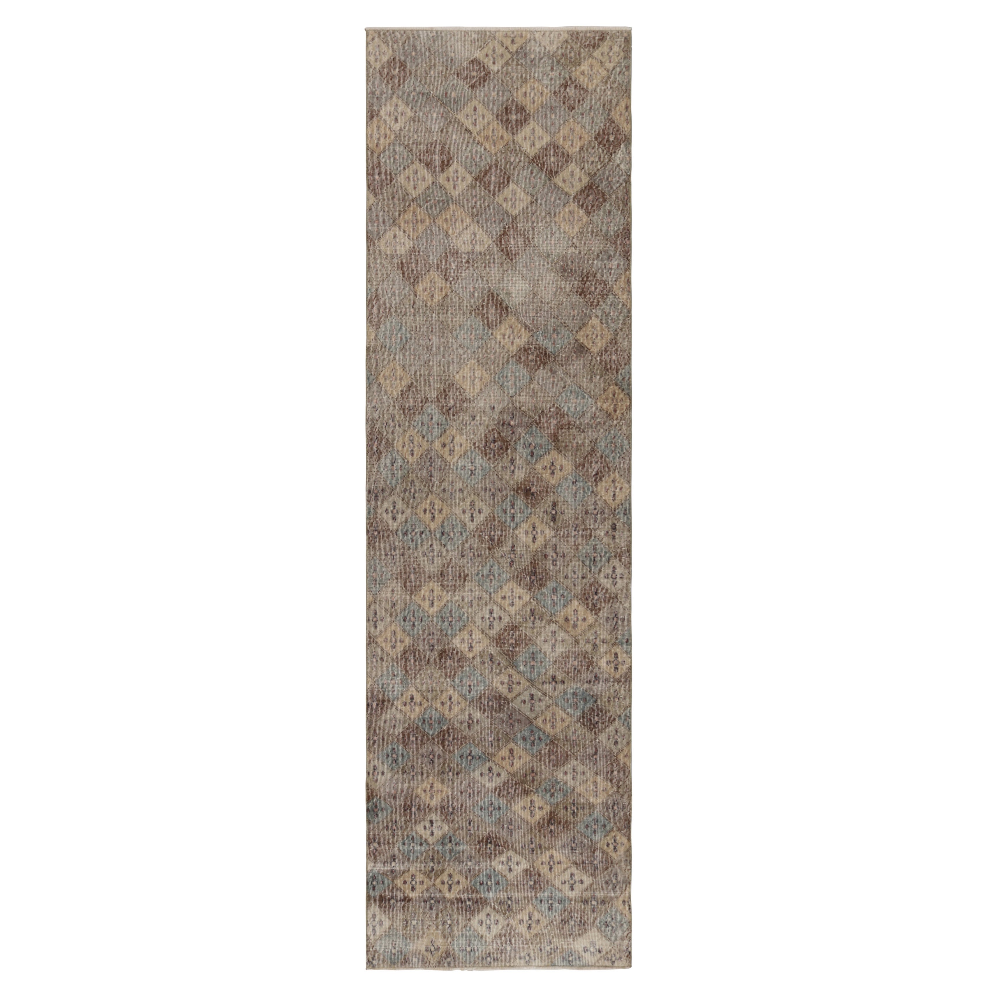 Vintage Distressed Runner Rug, Polychrome Diamond Geometric Pattern -Rug & Kilim
