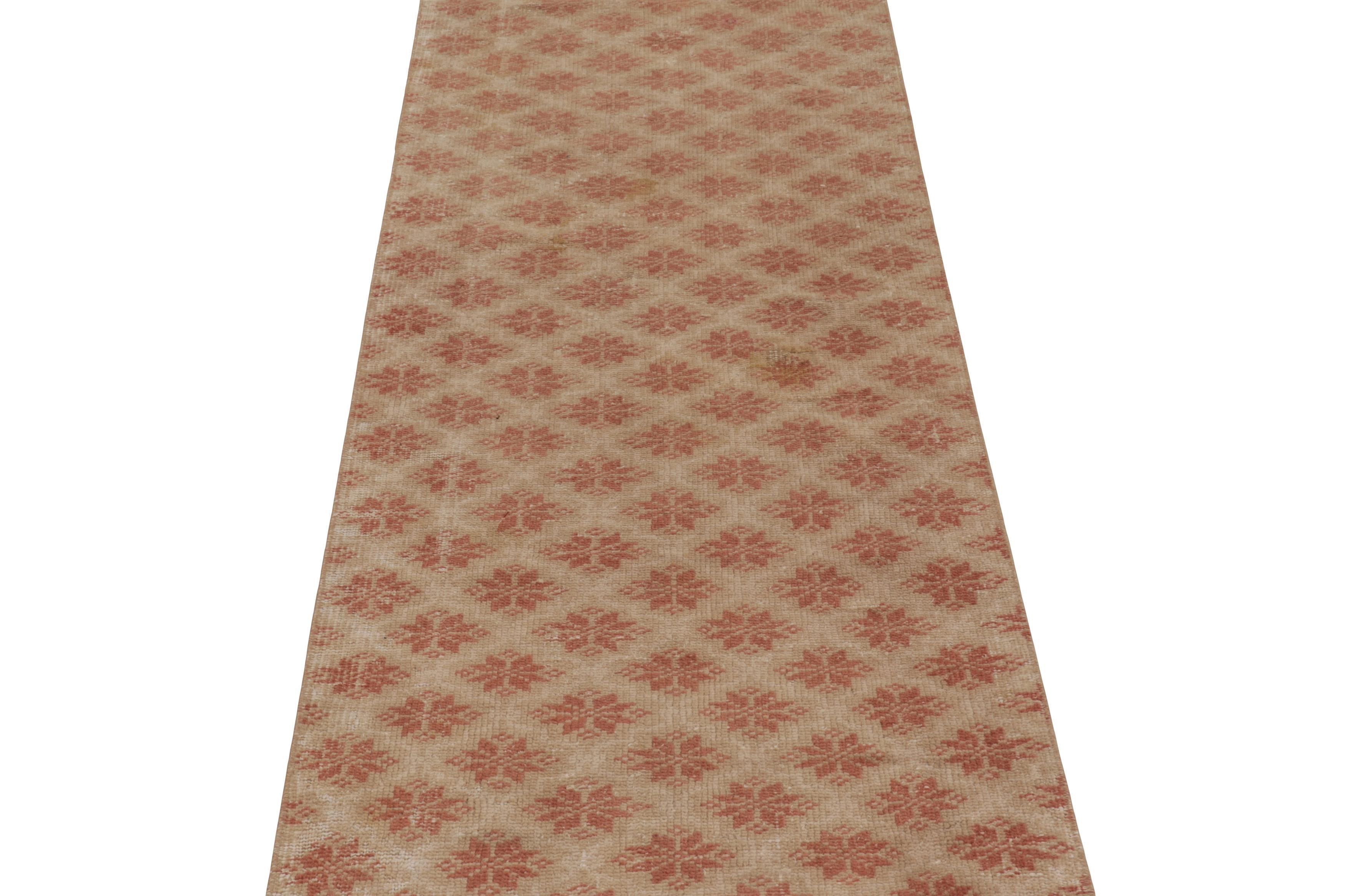 Turkish Vintage Distressed Runner Rug, Rustic Beige with Rust Florals - Rug & Kilim For Sale