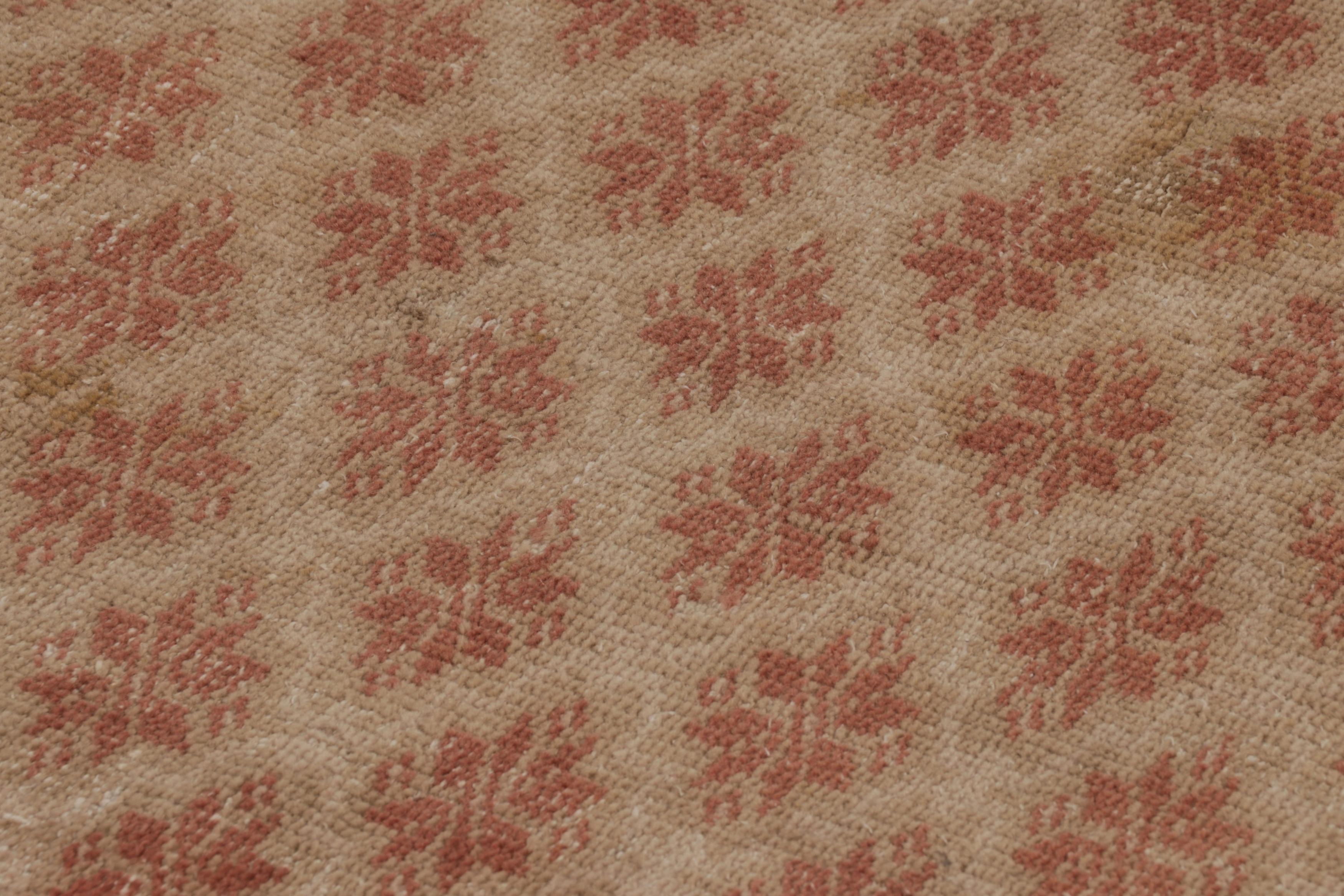 Hand-Woven Vintage Distressed Runner Rug, Rustic Beige with Rust Florals - Rug & Kilim For Sale