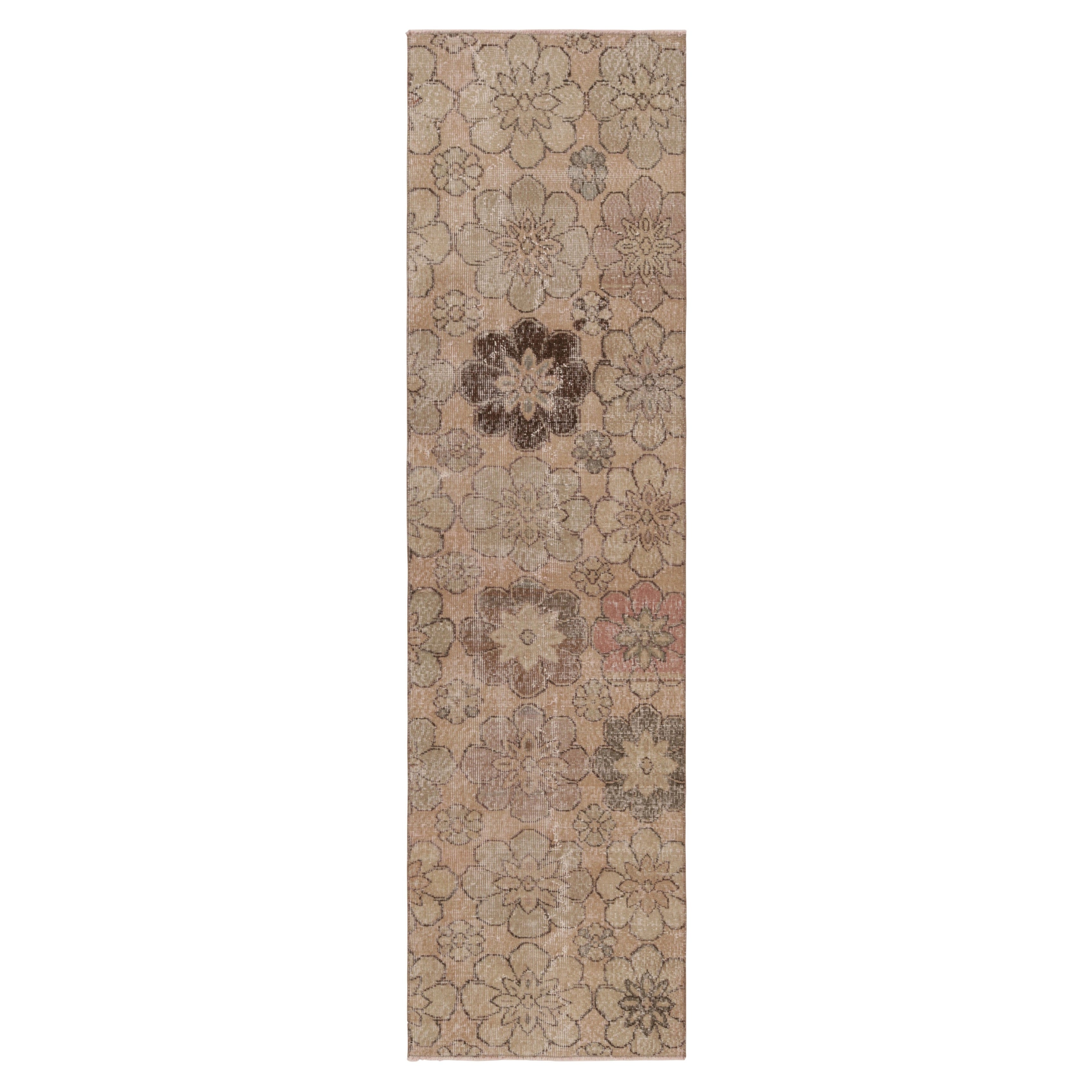 Vintage Distressed Läufer, warmes Beige-Braun mit Blumenmuster - Rug & Kilim