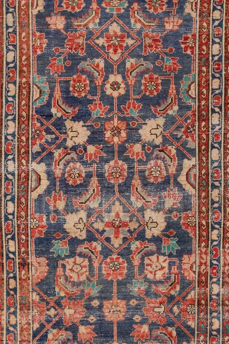 Vintage Distressed Rust and Blue Persian Malayer Runner Rug For Sale at