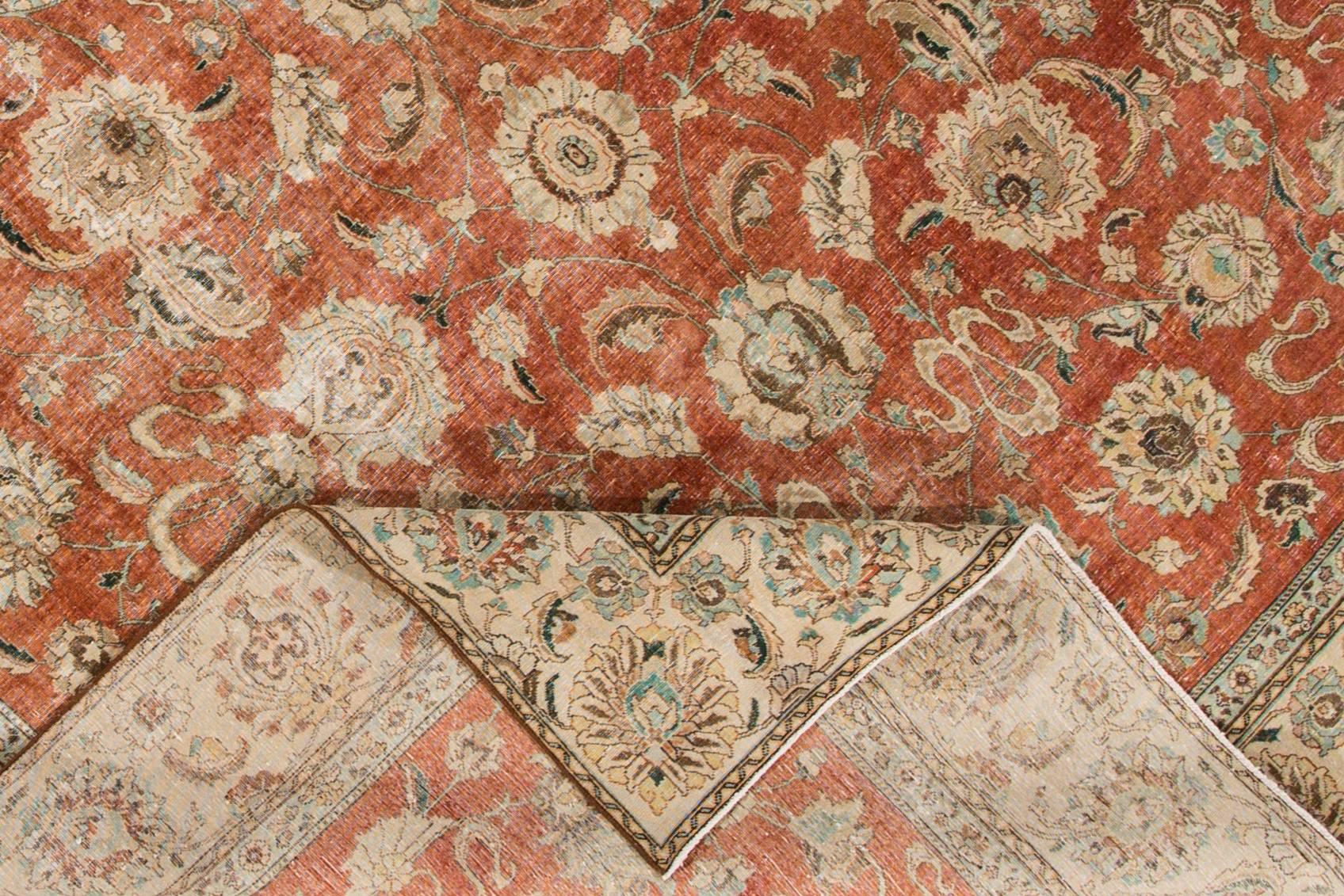Hand-Knotted Vintage Distressed Rust Persian Carpet