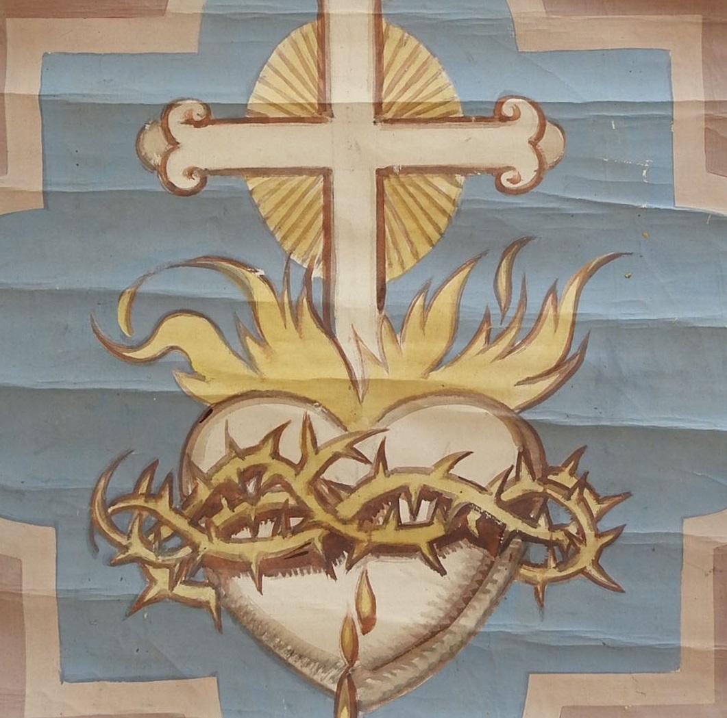 Renaissance Vintage Distressed Sacred Heart Quadrefoil Painting For Sale
