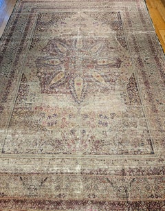 Antique Persian Kerman Lavar Rug, Floral Design, Wool, 1800s
