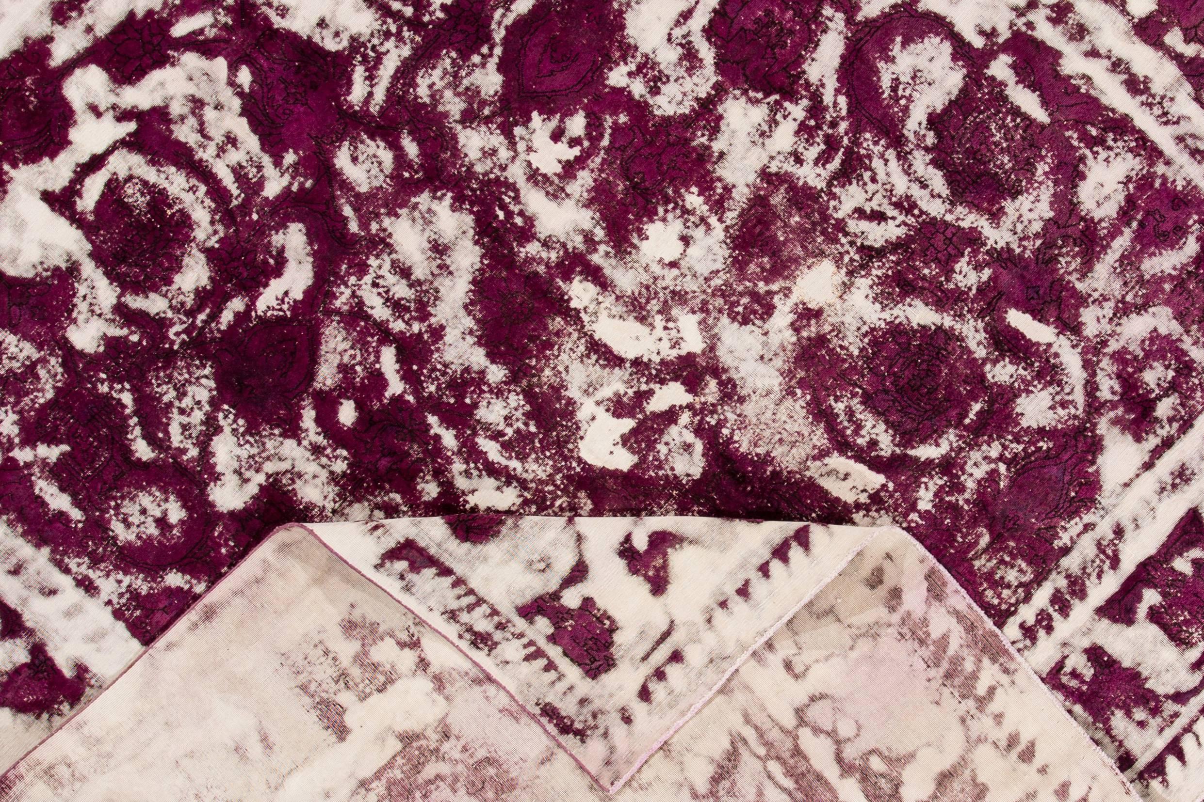 Vintage Distressed Square Purple Persian Carpet In Distressed Condition For Sale In Norwalk, CT