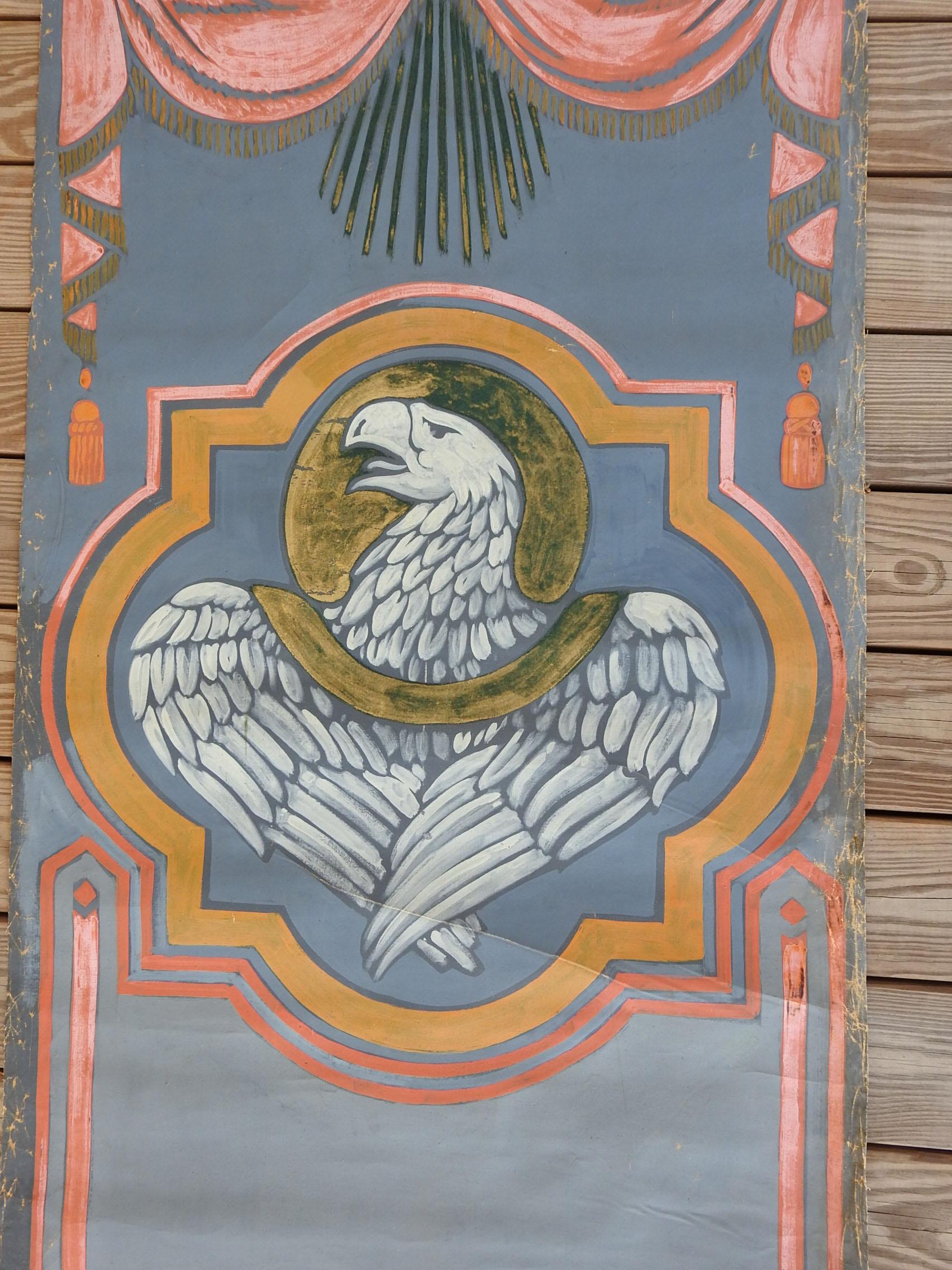 Vintage oil on canvas painting of Eagle of St. John by Geneva Flores Hart Fell (1906 - 2008) Texas. Blue, pink and gold eagle set inside quadrefoil with swags at top on flat canvas, likely for interior cathedral wall decoration sample. Unsigned,
