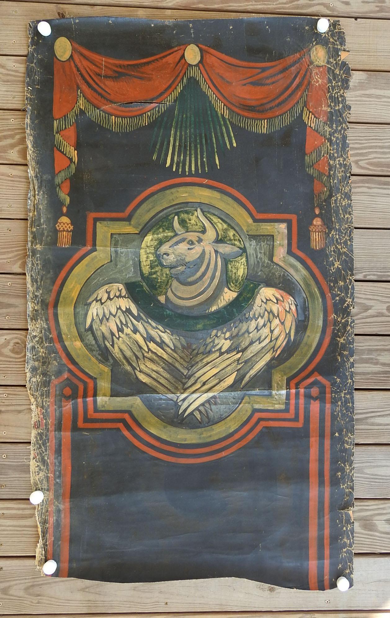 Vintage Distressed St. Luke Winged Ox Bull Quadrefoil Painting In Good Condition For Sale In Seguin, TX