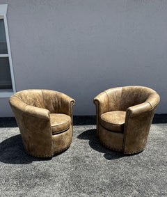 Vintage Distressed Style Arhaus Leather Swivel Chairs, Set of 2