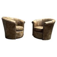 Vintage Distressed Style Arhaus Leather Swivel Chairs, Set of 2