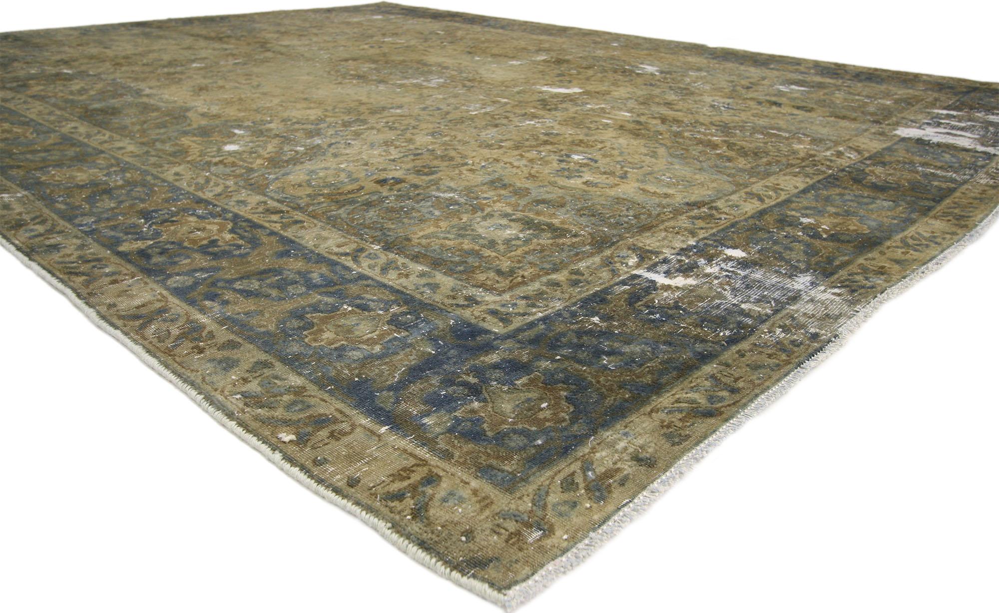60761 vintage distressed Turkish Industrial Area rug with Rustic Gustavian Style. Weathered beauty meets rich tradition in this distressed Industrial vintage Turkish rug with rustic Gustavian Style. Losses and wear are charming authentic accents to