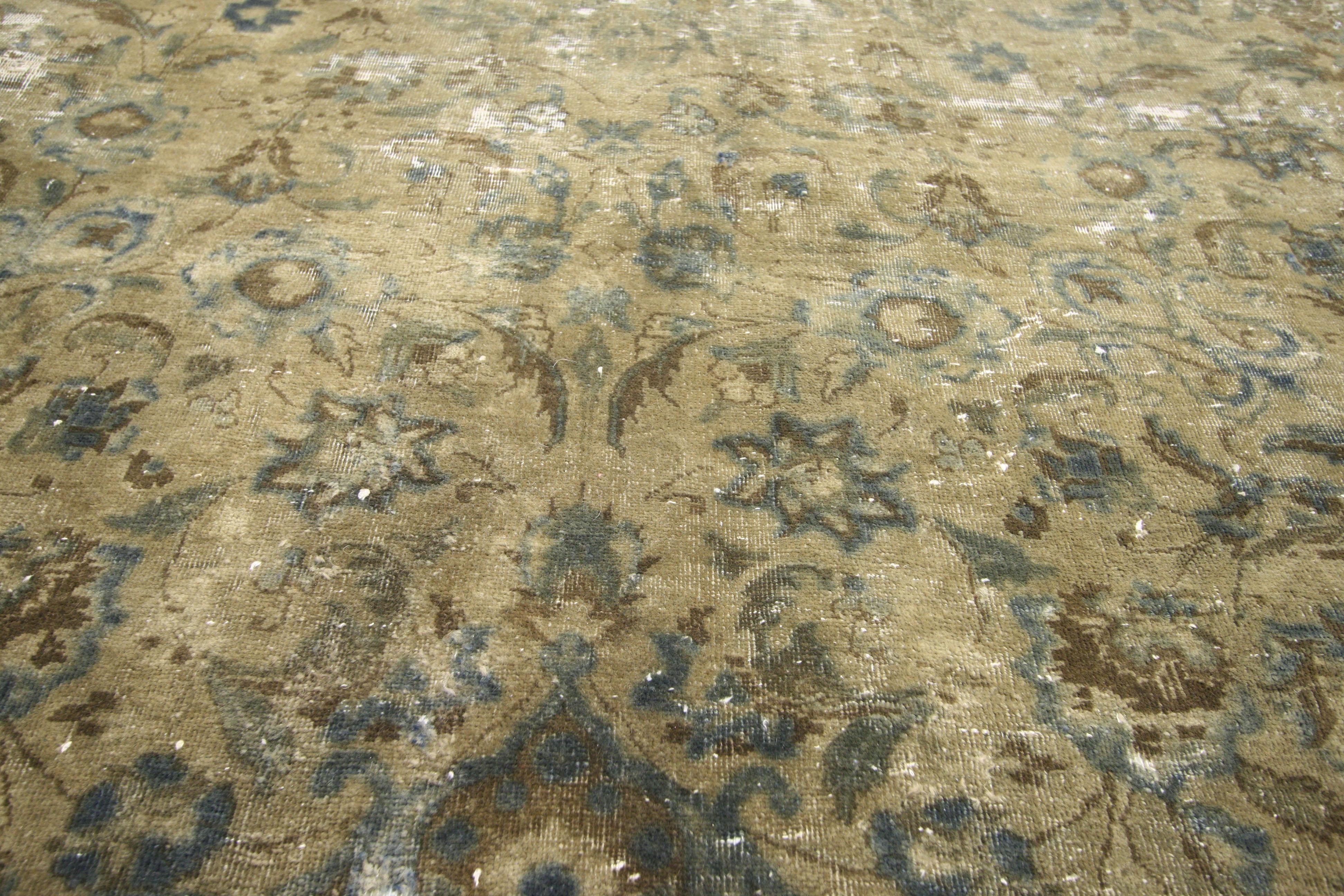 Hand-Knotted Vintage Distressed Turkish Industrial Area Rug with Rustic Gustavian Style