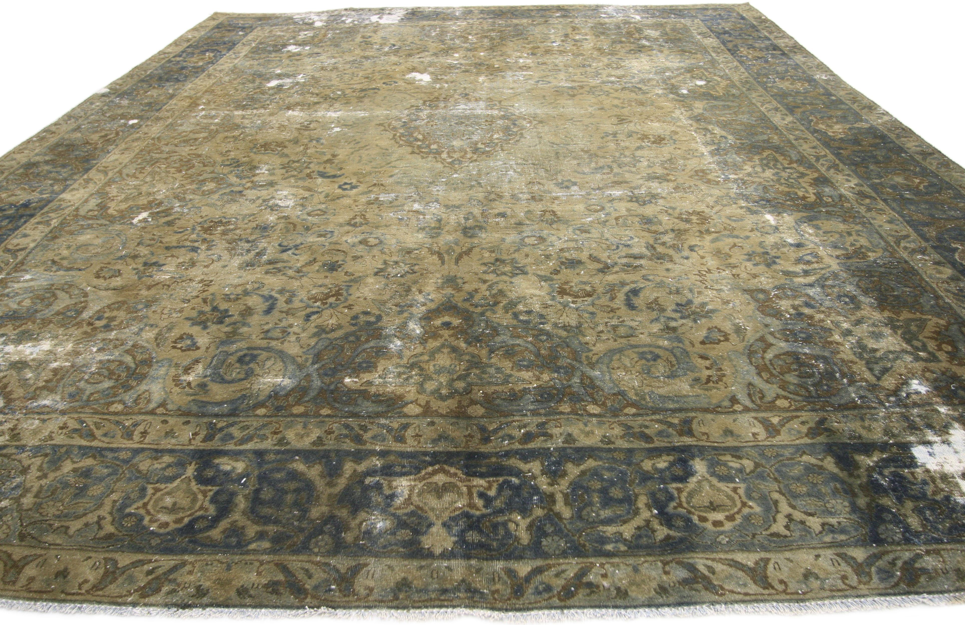 Vintage Distressed Turkish Industrial Area Rug with Rustic Gustavian Style In Distressed Condition In Dallas, TX