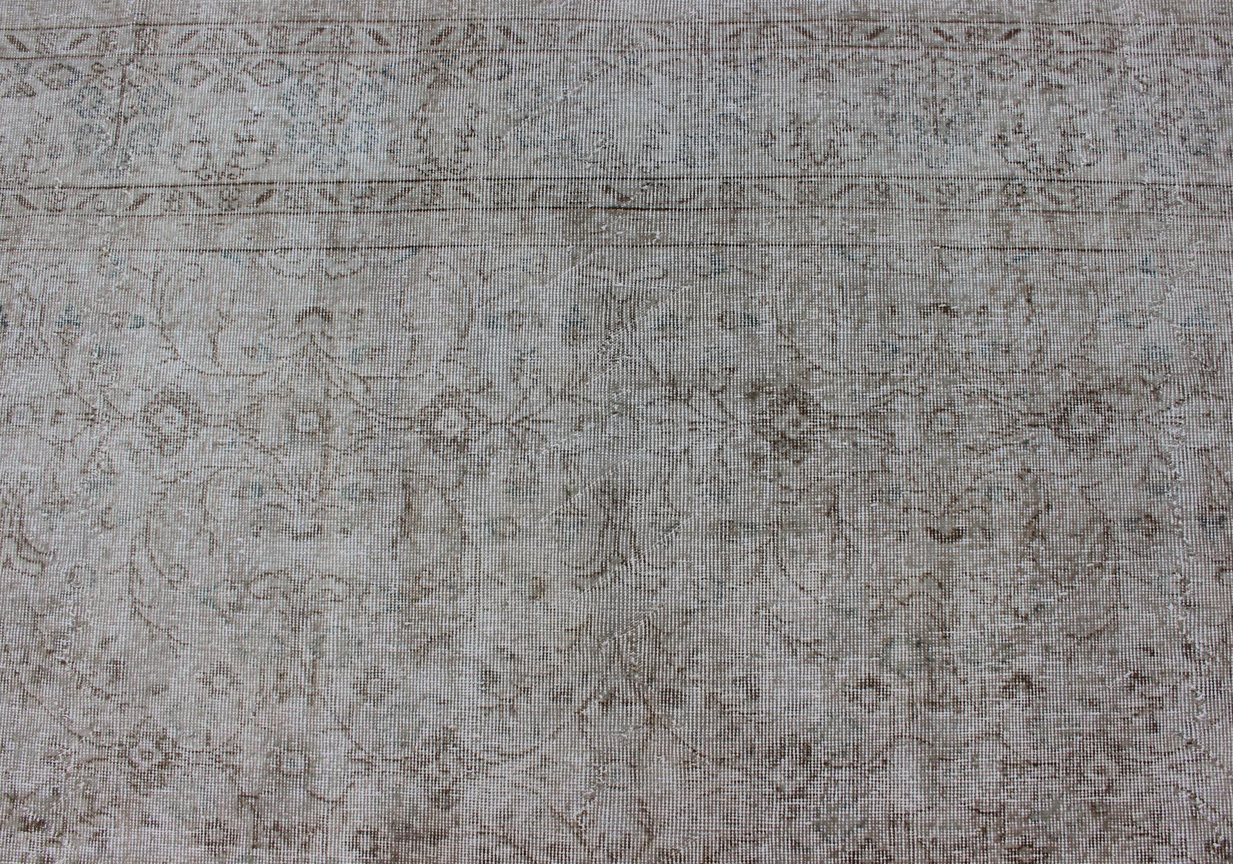 Wool Vintage Distressed Turkish Rug with All-Over Pattern in Light Cream, Light Brown For Sale