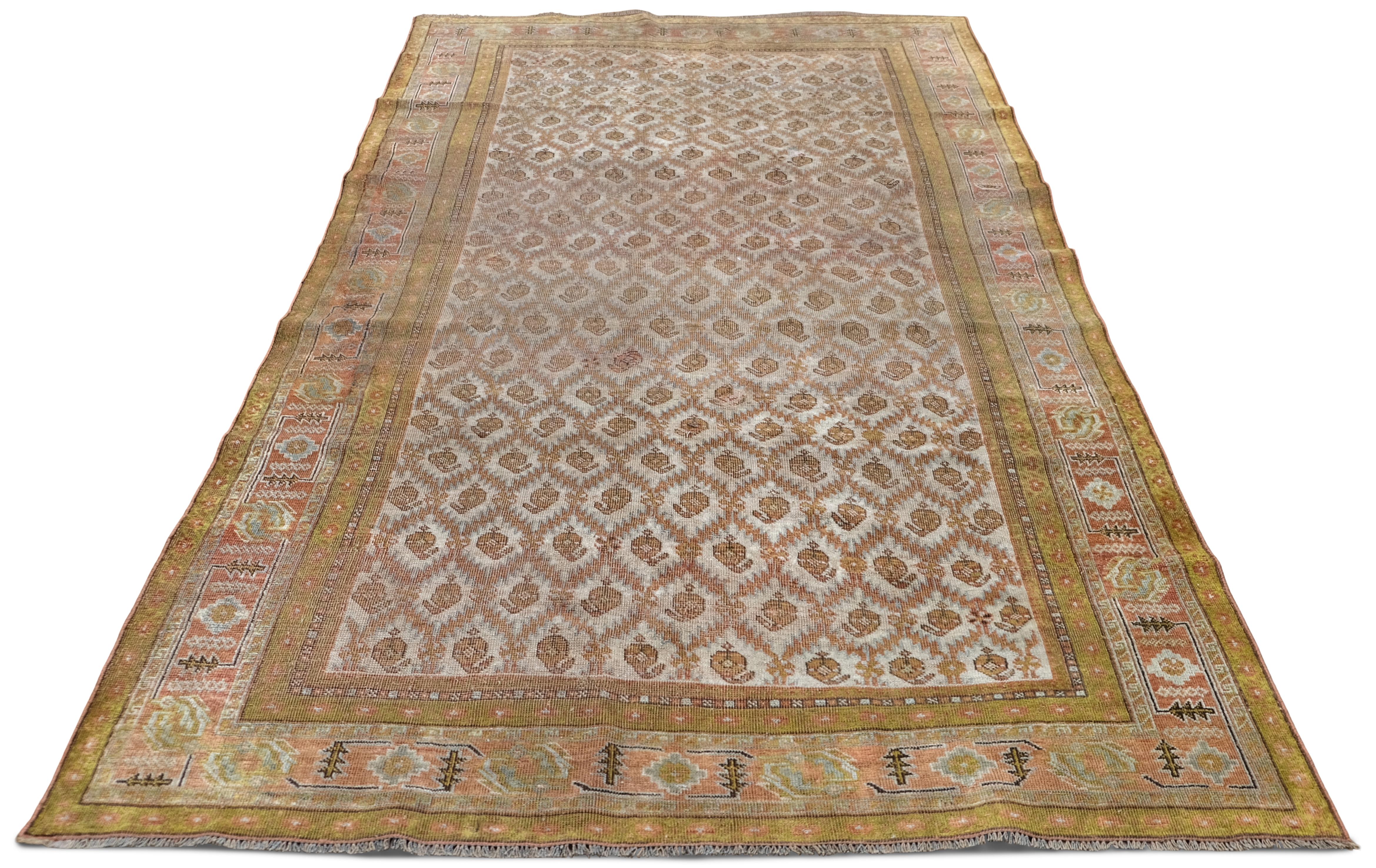 Annodato a mano Tappeto Vintage Distressed Unique Patterned Wool 4'9''x9'2'' in vendita