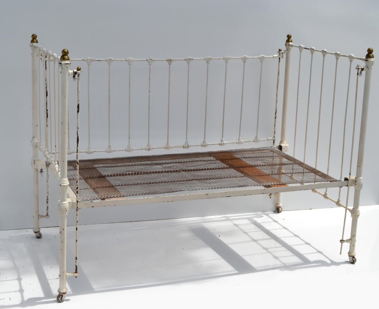 Metal Doll Antique Doll Crib With Wheels Vintage Distressed White