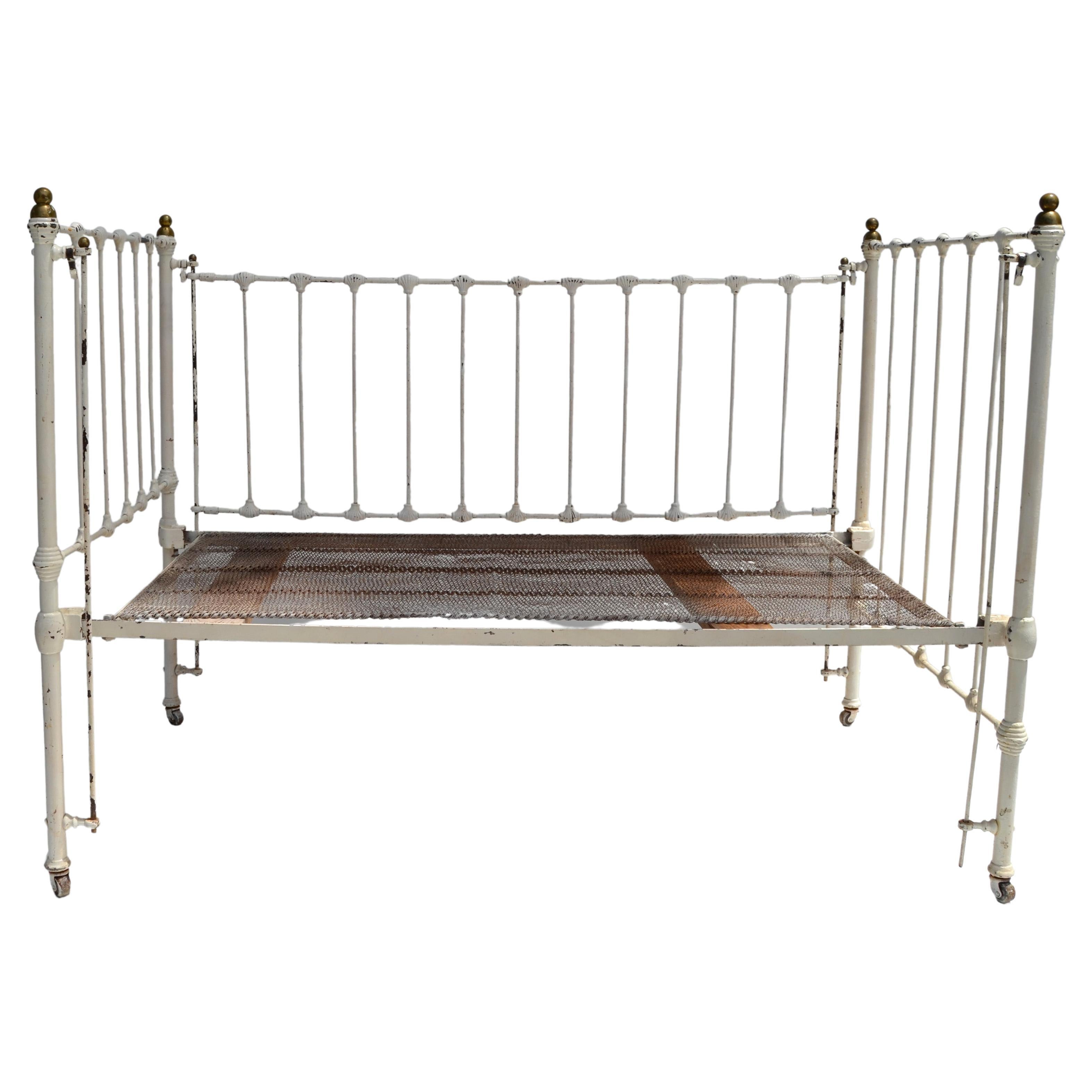 Vintage Distressed White Iron & Brass 5 Piece Daybed Crib Doll-bed Wood Casters  For Sale