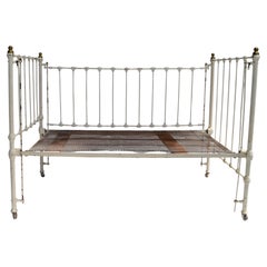 Vintage Distressed White Iron & Brass 5 Piece Daybed Crib Doll-bed Wood Casters 