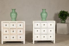 Vintage Distressed White Lacquer Apothecary Chests – Near Pair with Nine Drawers