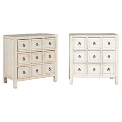 Vintage Distressed White Lacquer Apothecary Chests – Near Pair with Nine Drawers