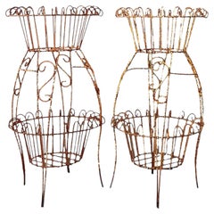 Vintage Distressed Wire Plant Stands - A Pair