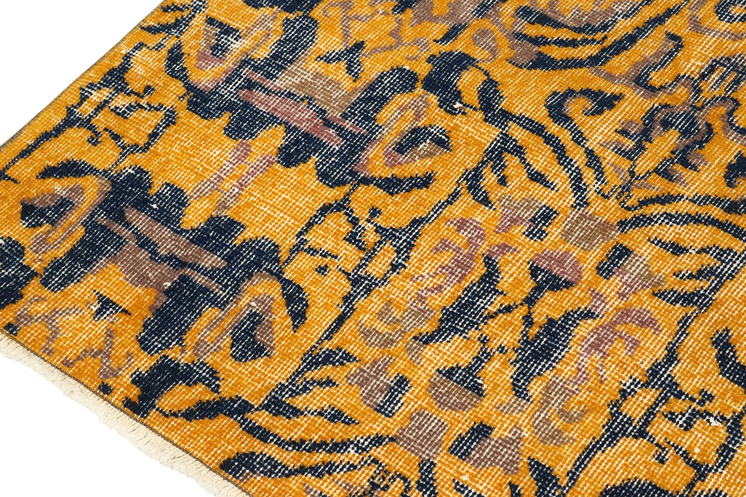 Hand-Knotted Vintage Distressed Zeki Muren Rug in Gold and Blue Patterns, by Rug & Kilim For Sale