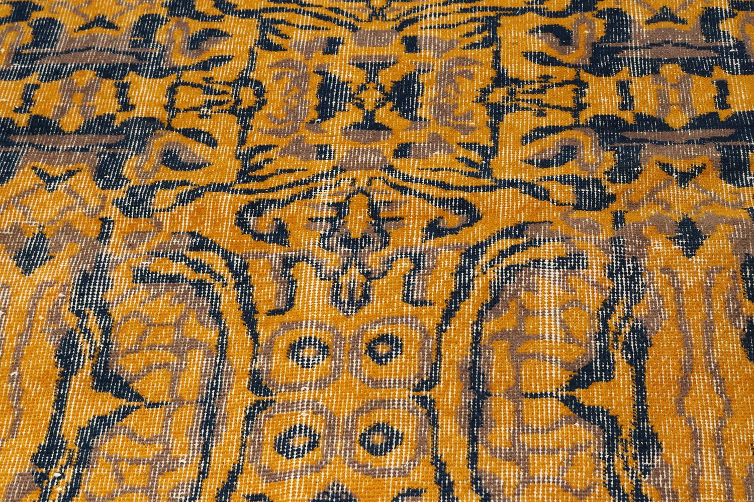 Vintage Distressed Zeki Muren Rug in Gold and Blue Patterns, by Rug & Kilim In Good Condition For Sale In Long Island City, NY