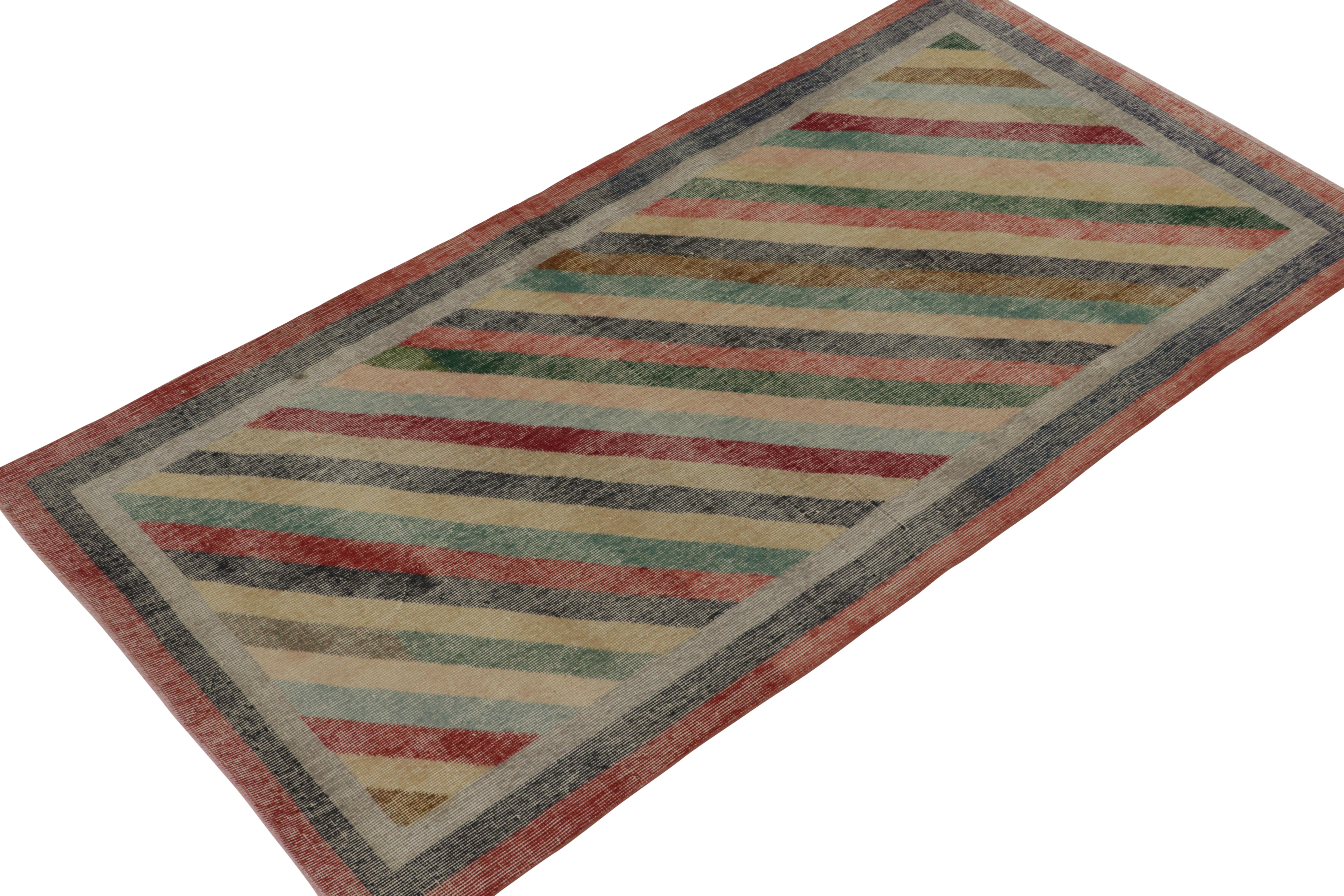 This vintage 4x8 rug is a new addition to Rug & Kilim’s Mid-Century Pasha Collection. This line is a commemoration, with rare curations we believe to hail from multidisciplinary Turkish designer Zeki Müren.

Further on the Design:

This distressed