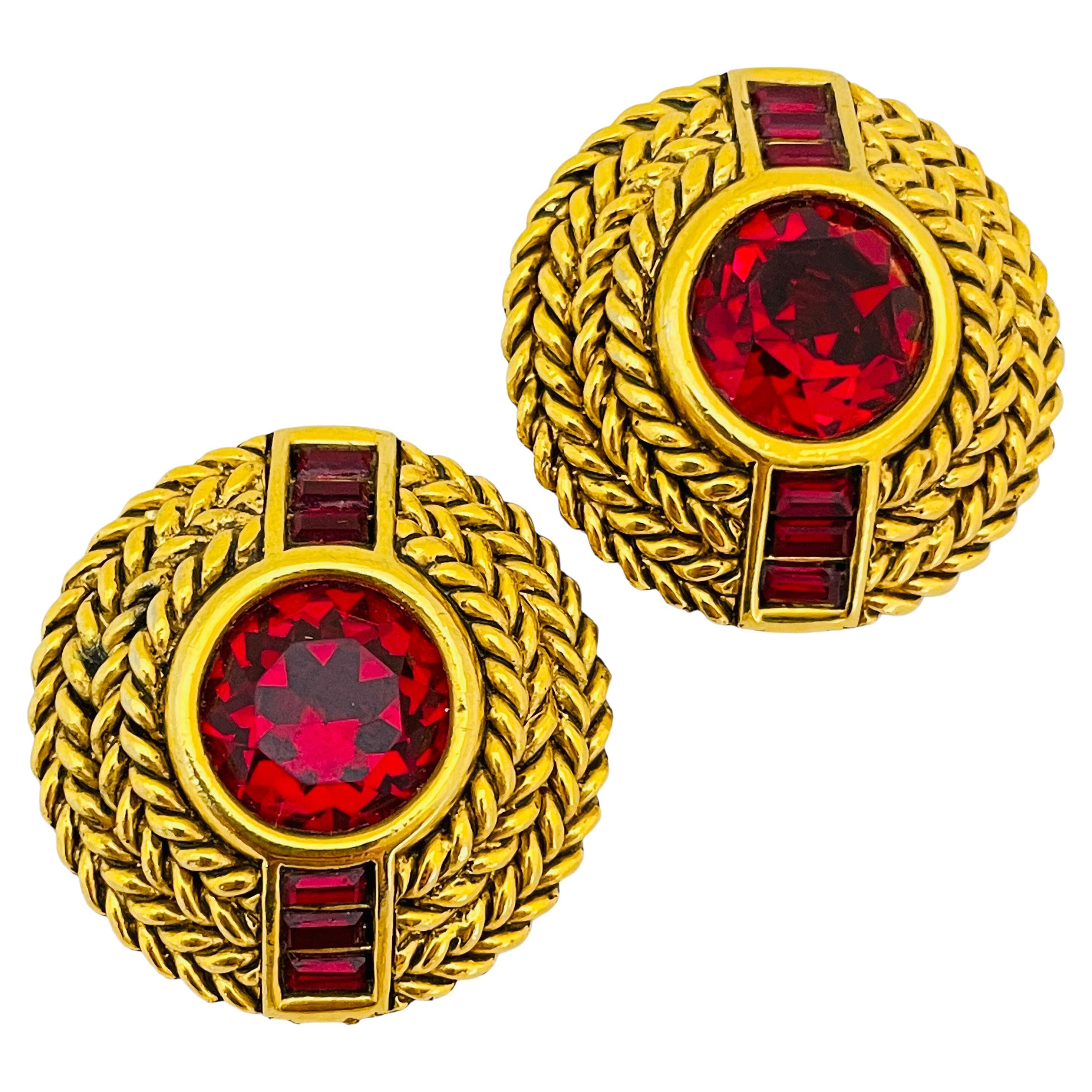 Vintage DIVA  gold red glass designer runway clip on earrings For Sale