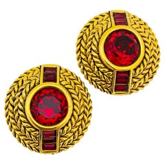 Vintage DIVA  gold red glass designer runway clip on earrings