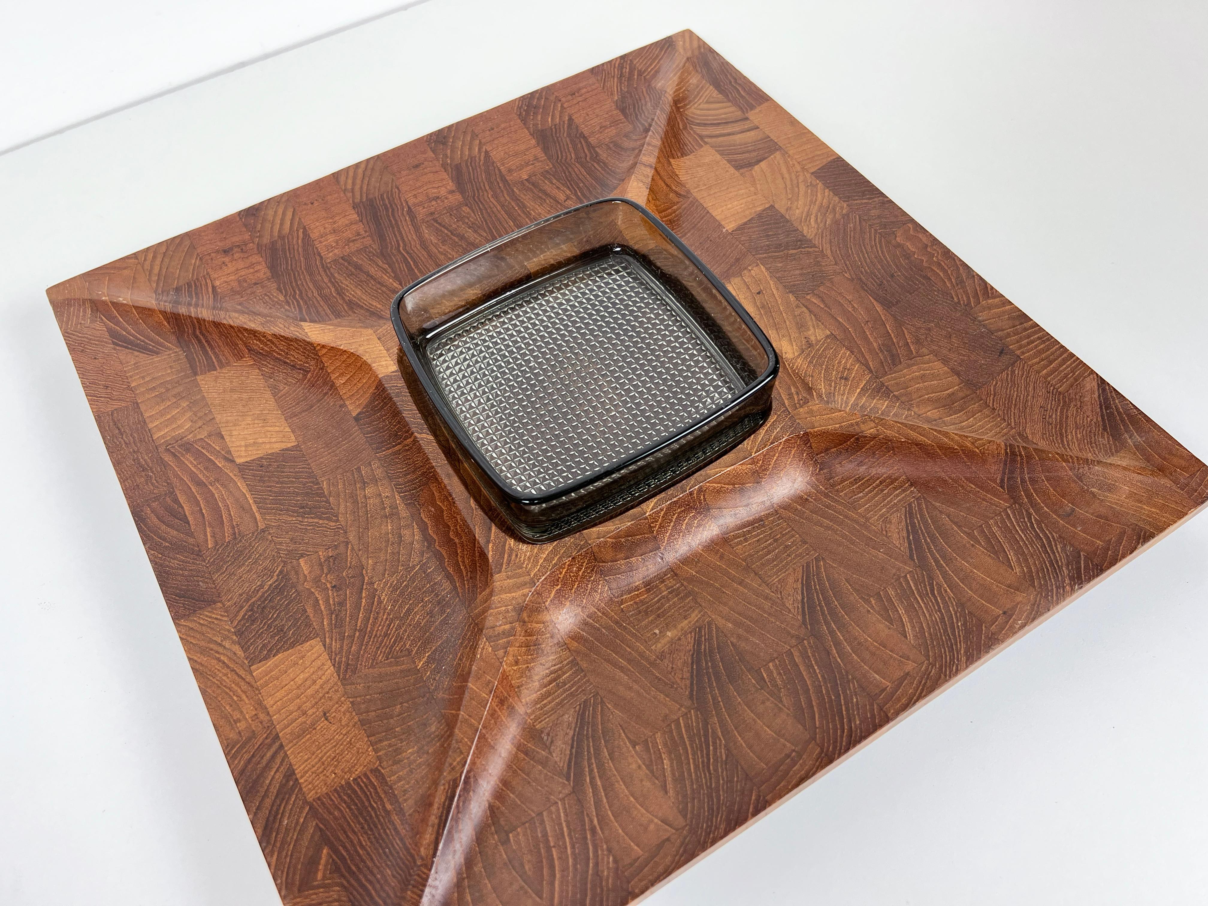 Scandinavian Modern Vintage Divided Teak Serving Tray with Glass Dish by Digsmed For Sale