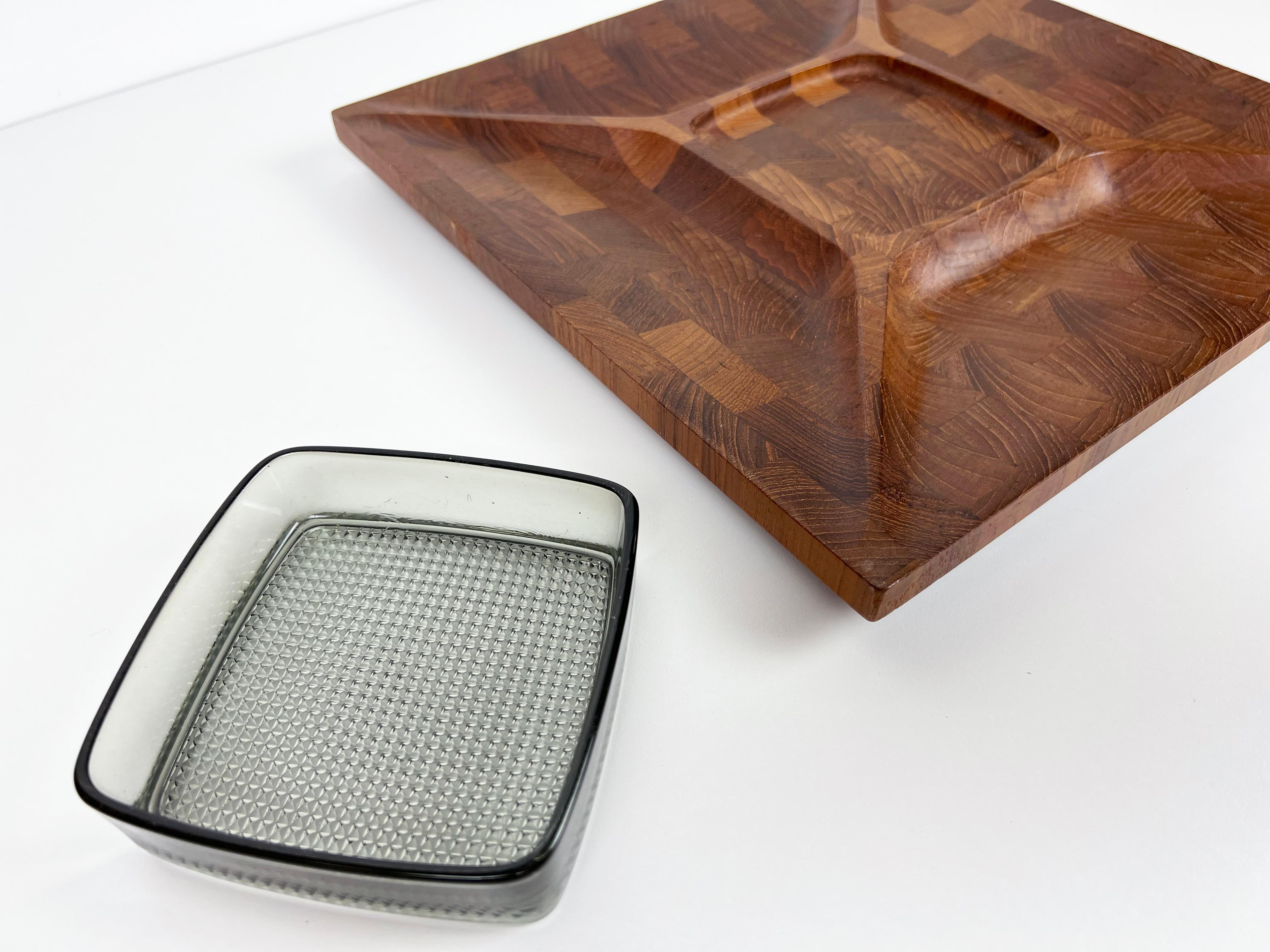Danish Vintage Divided Teak Serving Tray with Glass Dish by Digsmed For Sale