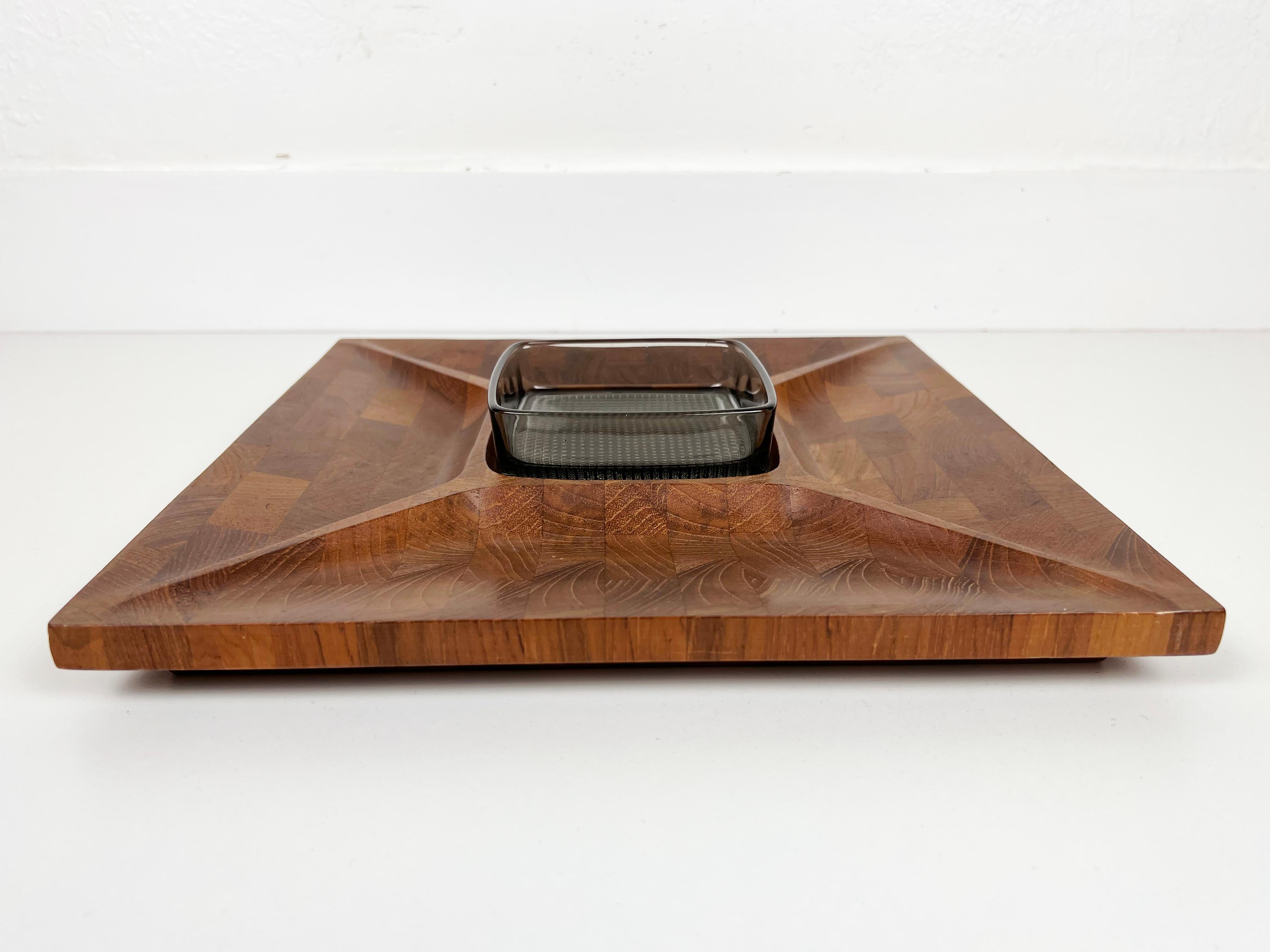 Vintage Divided Teak Serving Tray with Glass Dish by Digsmed For Sale 2