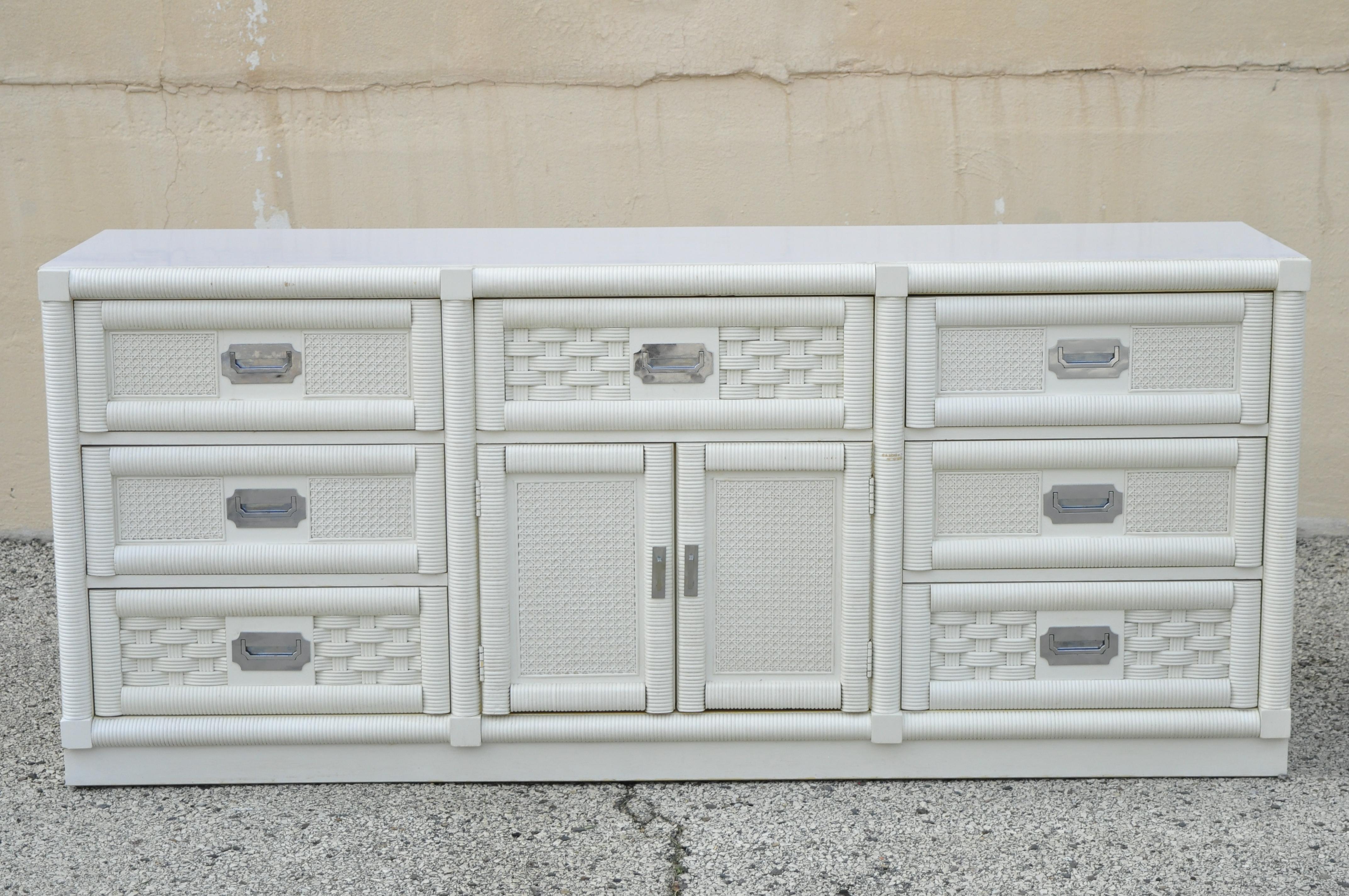 Vintage Dixie Cane Rattan Campaign Style White Long Dresser Credenza Cabinet 3