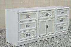 Vintage Dixie Cane Rattan Campaign Style White Long Dresser Credenza Cabinet