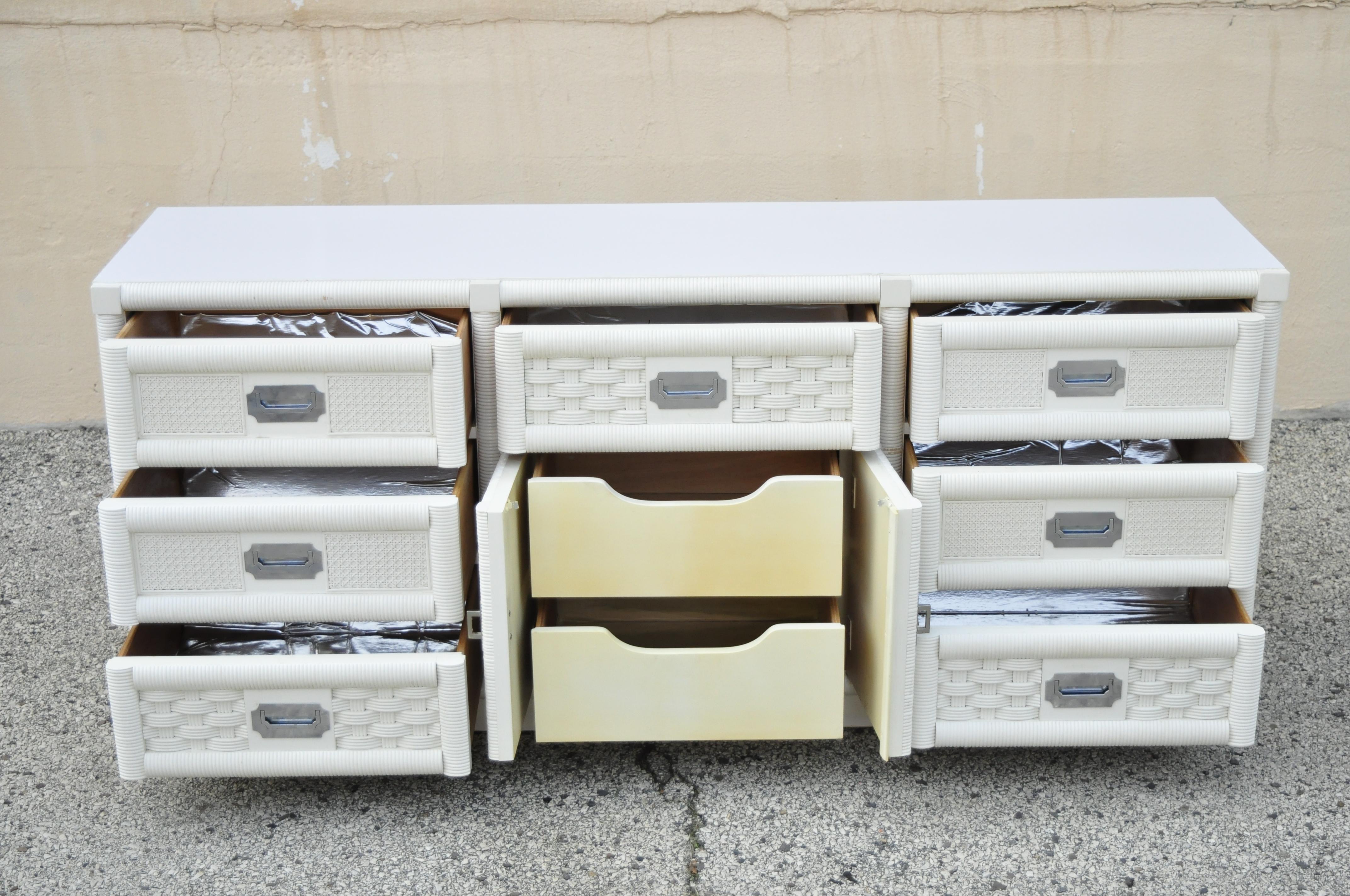 Vintage Dixie Cane Rattan Campaign Style White Long Dresser Credenza Cabinet In Good Condition In Philadelphia, PA