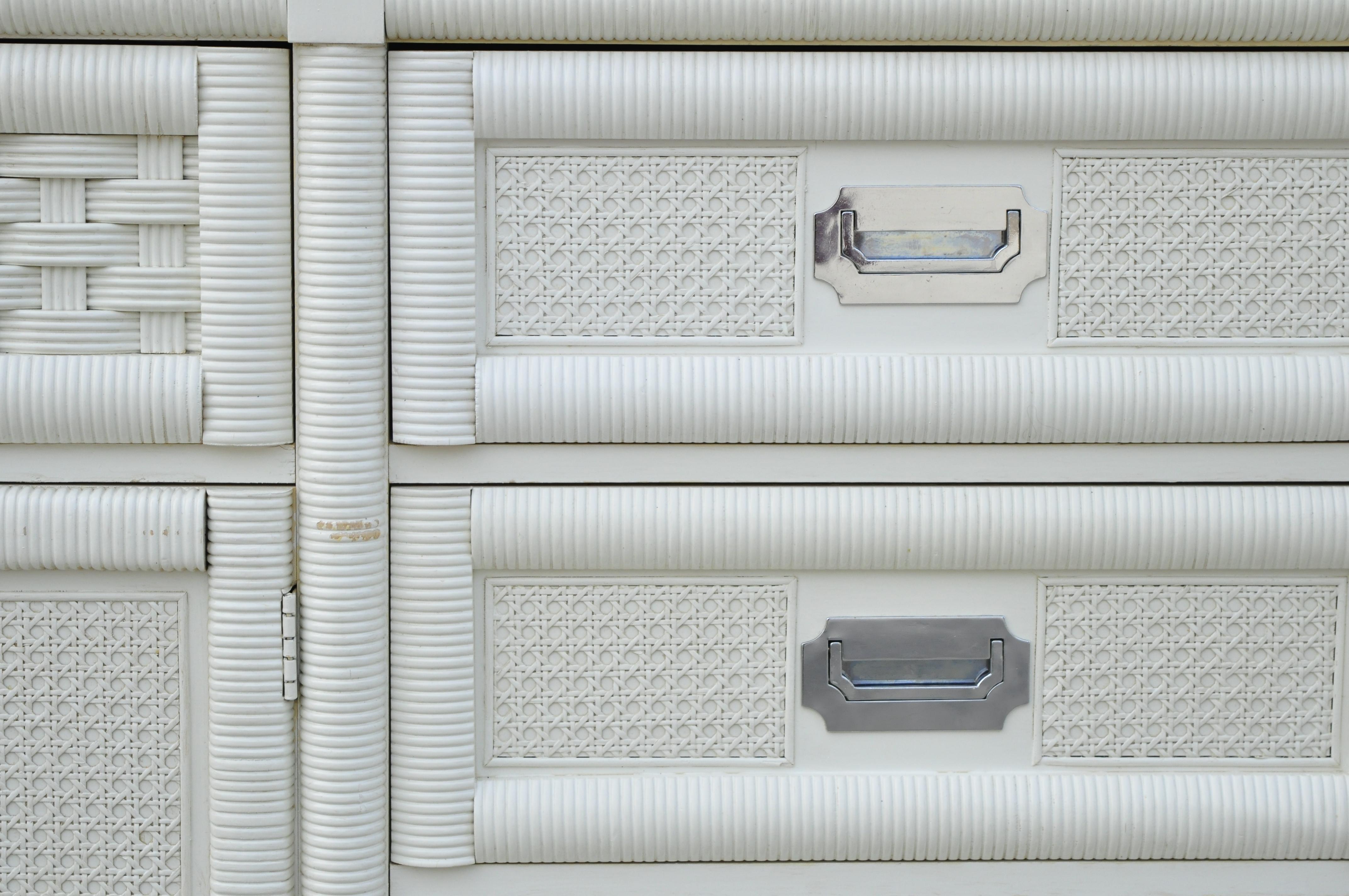 Vintage Dixie Cane Rattan Campaign Style White Long Dresser Credenza Cabinet 1