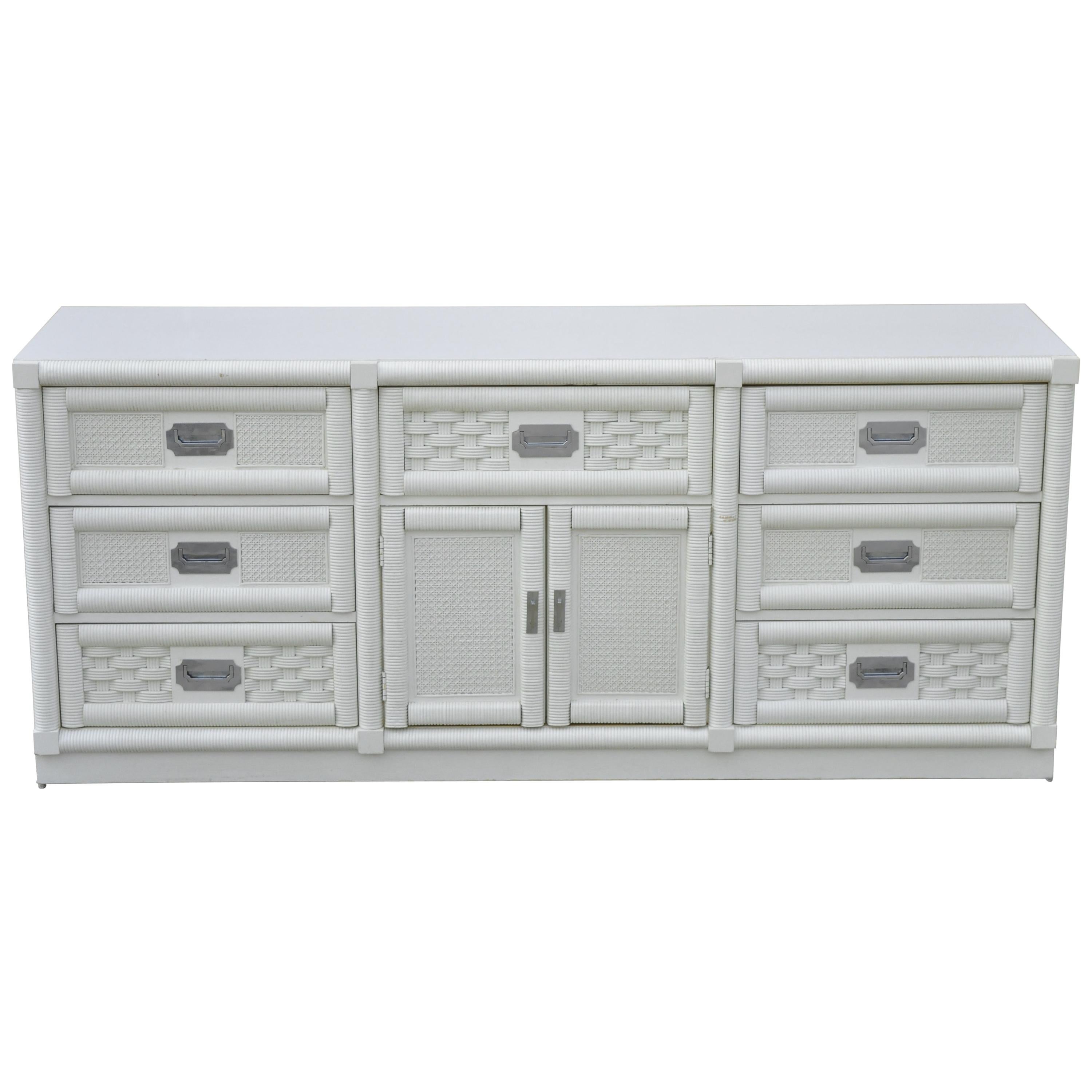 Vintage Dixie Cane Rattan Campaign Style White Long Dresser Credenza Cabinet