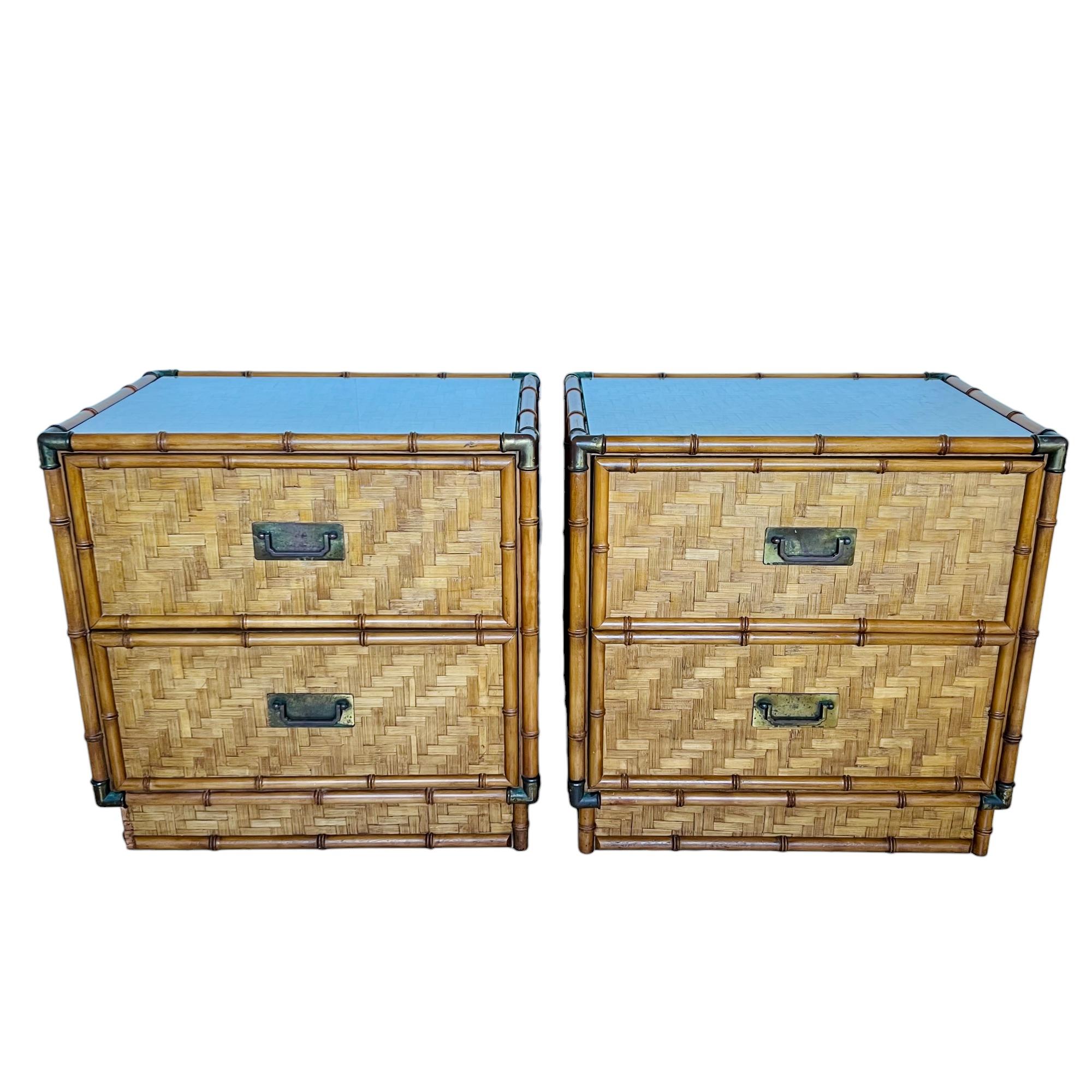 Mid-Century Modern Vintage Dixie Faux Bamboo Woven Split Reed Nightstands, a Pair