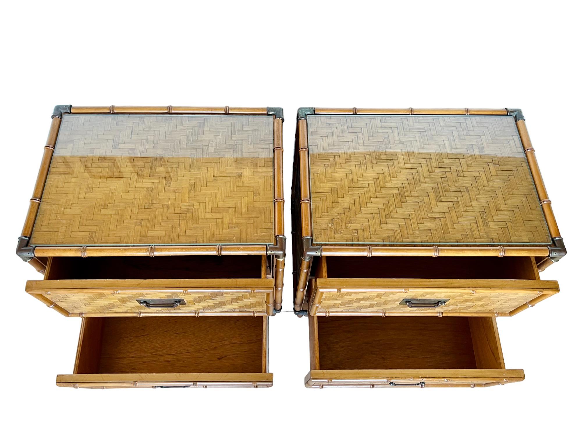 Turned Vintage Dixie Faux Bamboo Woven Split Reed Nightstands, a Pair