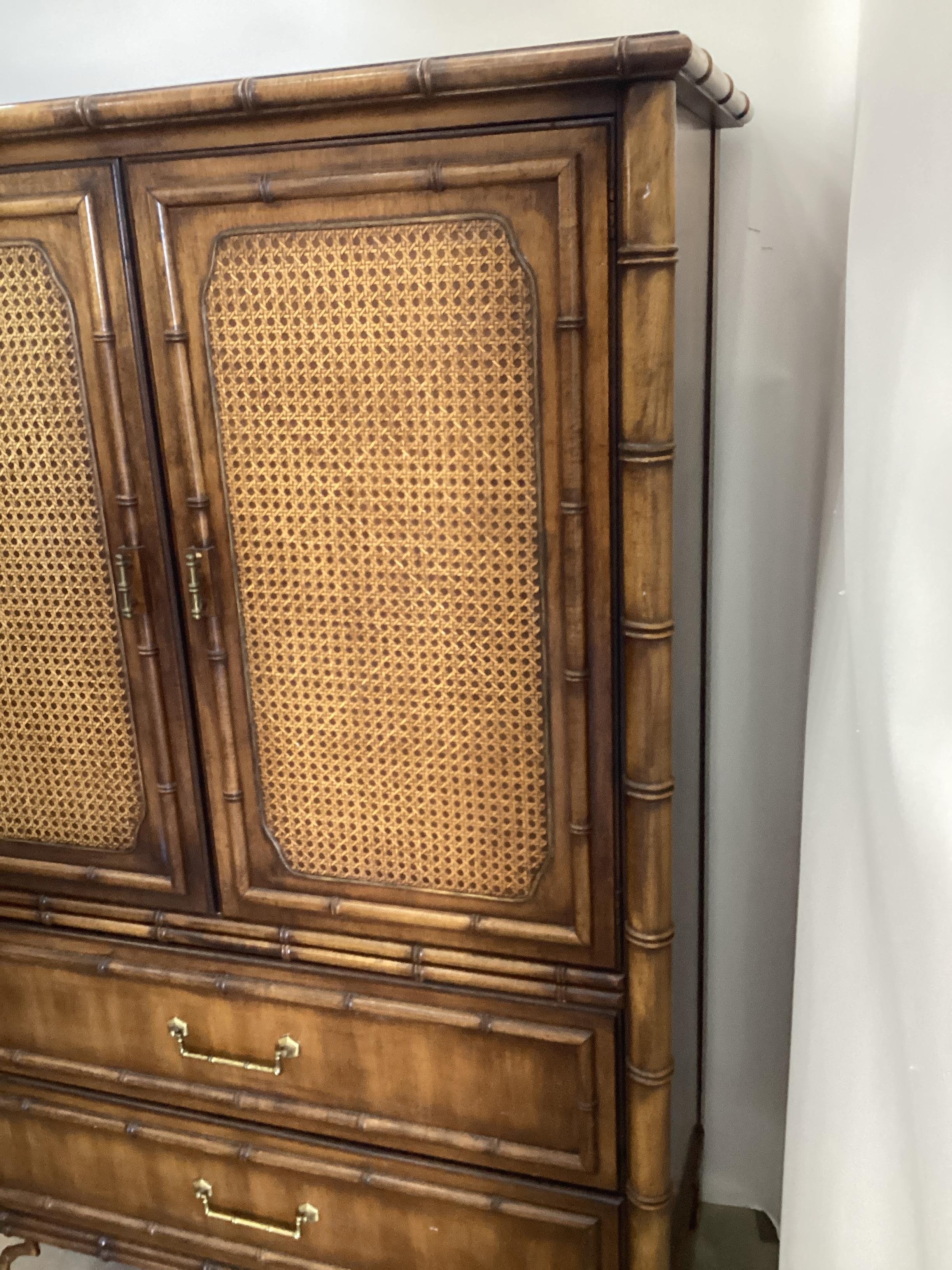 American Vintage Dixie Furniture Fruitwood and Rattan Armoire For Sale